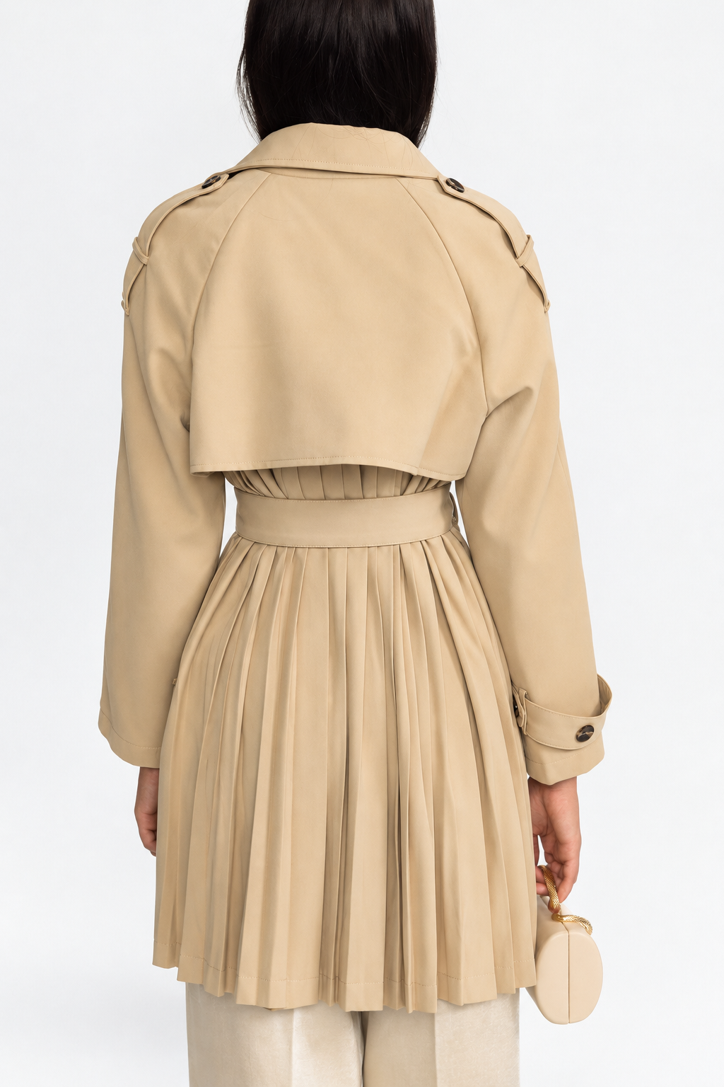 Pleated Back Belted Trench Coat - Khaki