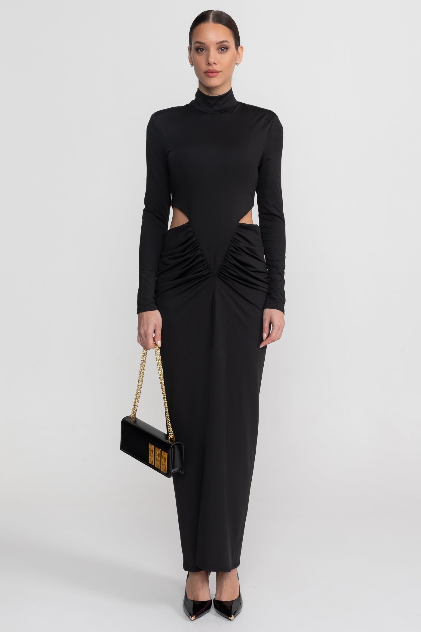فستان ماكسي برقبة عالية وأكمام طويلة مع تفصيل قص عند الخصر - أسود 