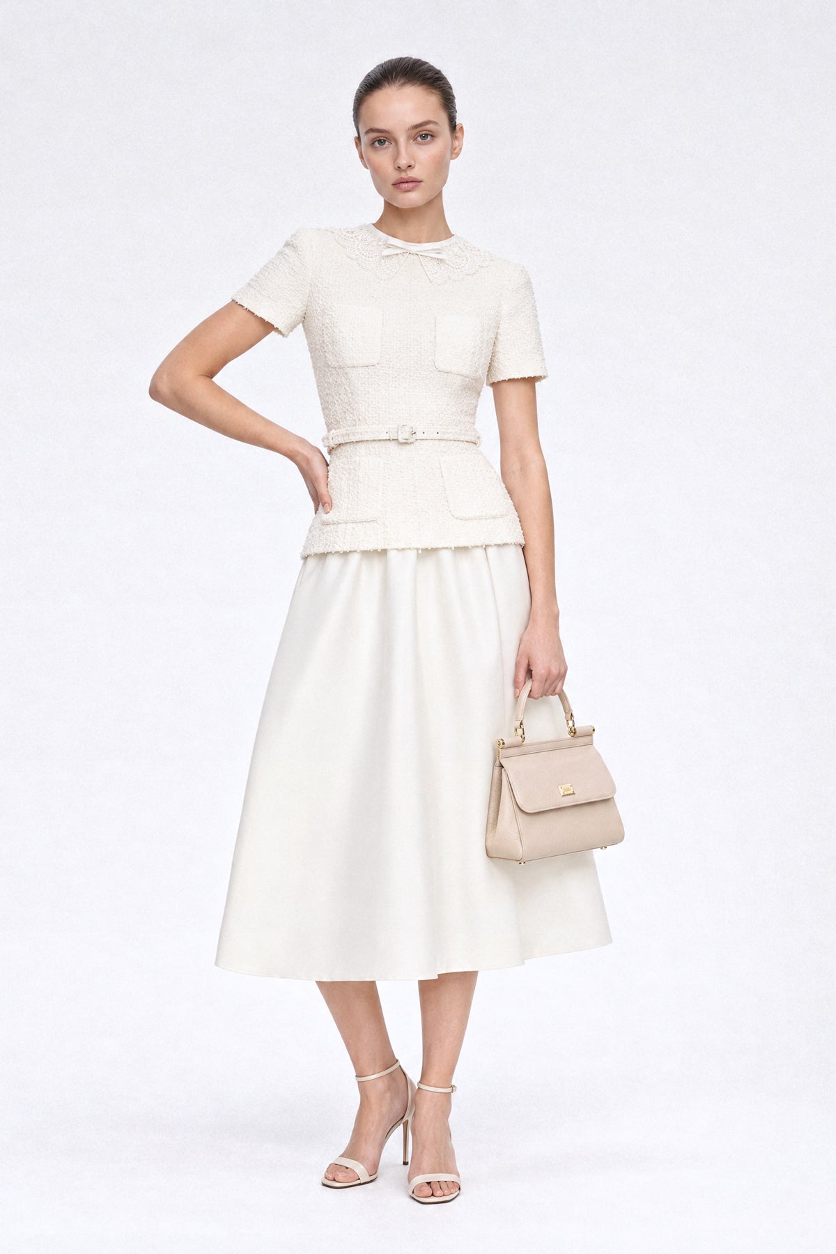 Tweed Peplum Midi Dress with Lace Collar - Ivoire