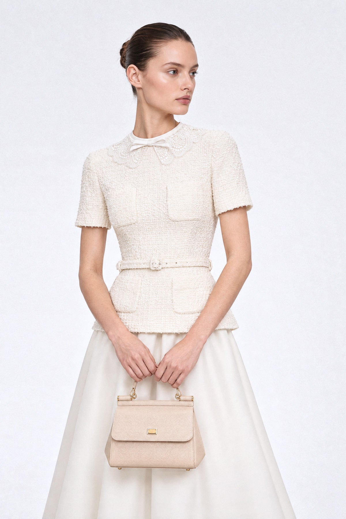 Tweed Peplum Midi Dress with Lace Collar - Ivoire