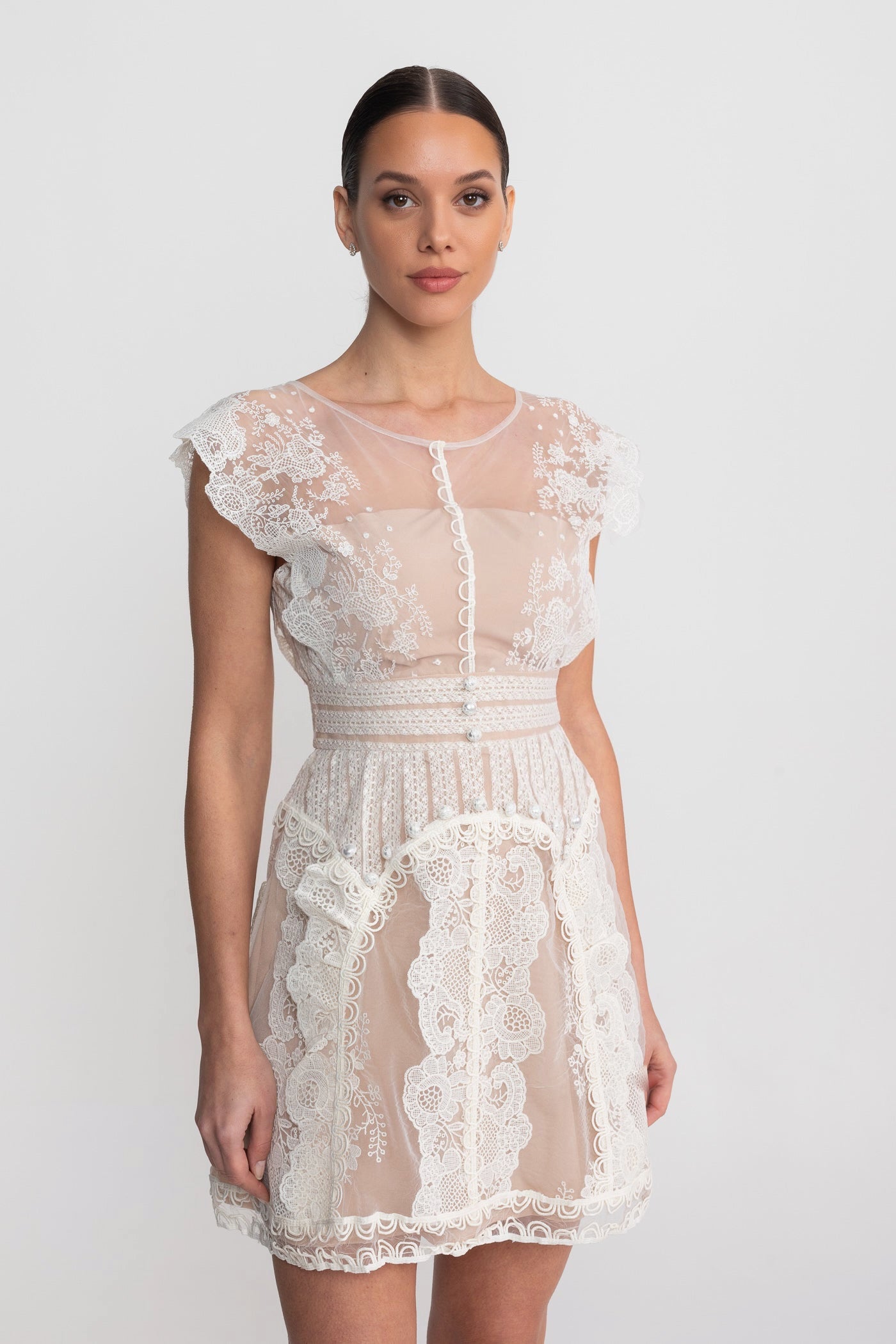 Cap Sleeve Mini Dress With Sheer Yoke And Pearl Button Detail - Ivoire