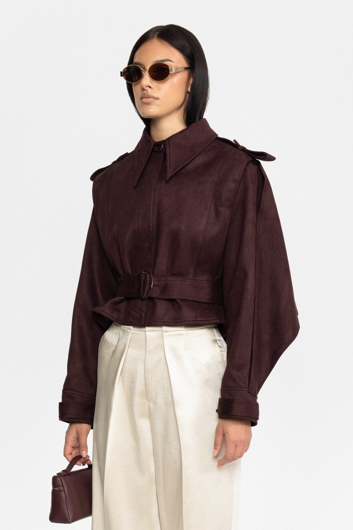 Suede Belted Cape Jacket - Burgundy