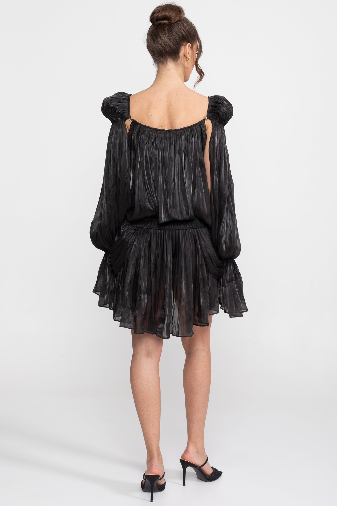 Sheer Draped Mini Dress With Cape Sleeves And Gold Clip Detail - Black