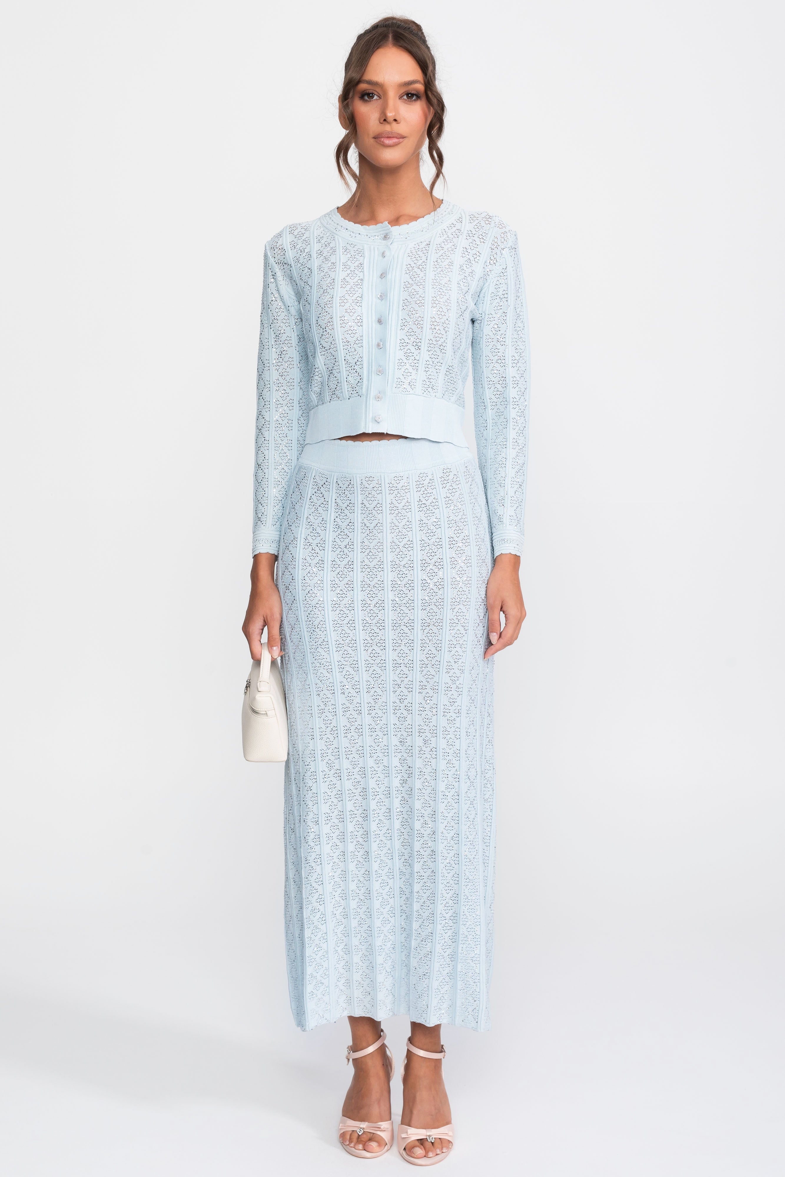 Eyelet Knit Co-Ord Set With Cardigan And Maxi Skirt - Light Blue