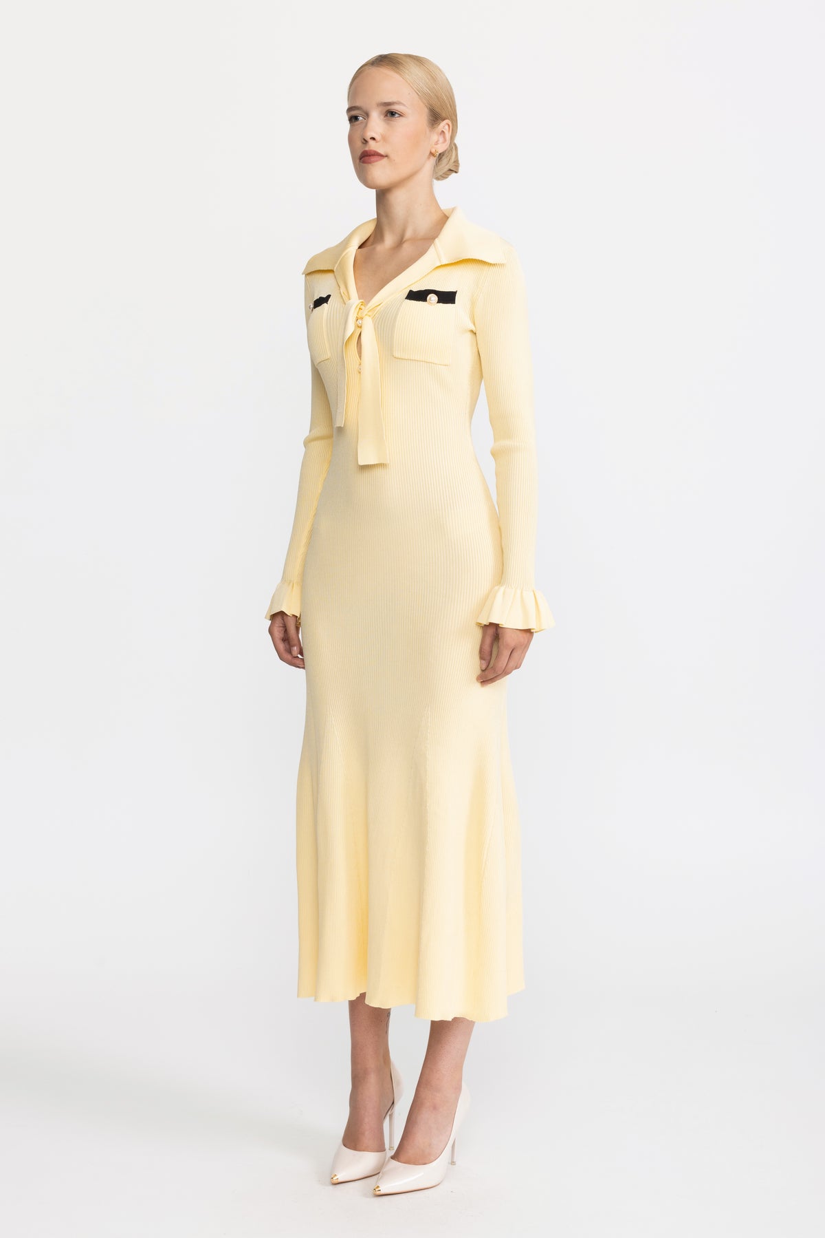 Tie Neck Rib Knit Ruffle Cuff Midi Dress - Yellow