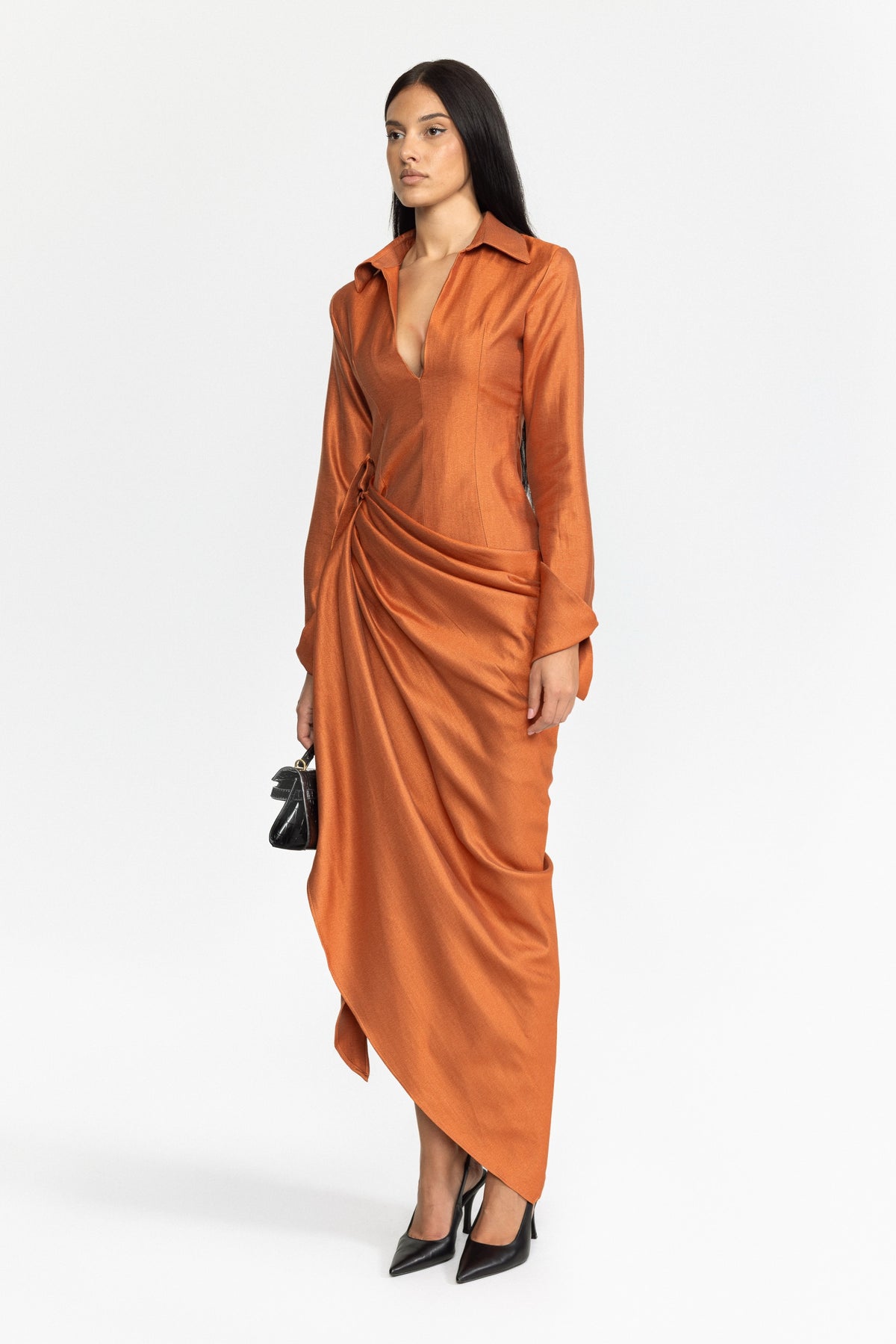 Plunge Collar Draped Wrap Maxi Dress - Burnt Orange