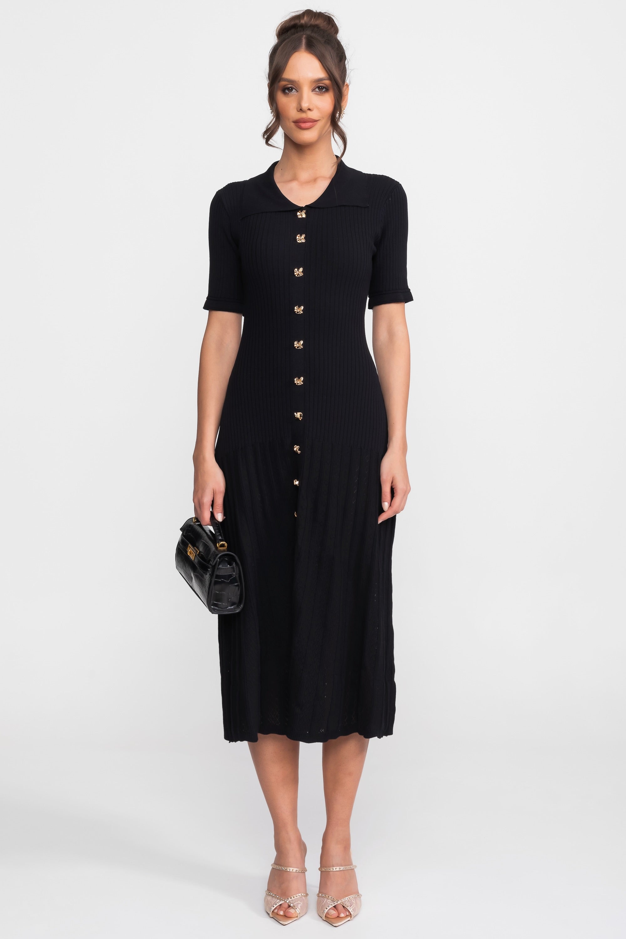 Ribbed Knit Midi Dress With Peter Pan Collar And Pleated Skirt - Black