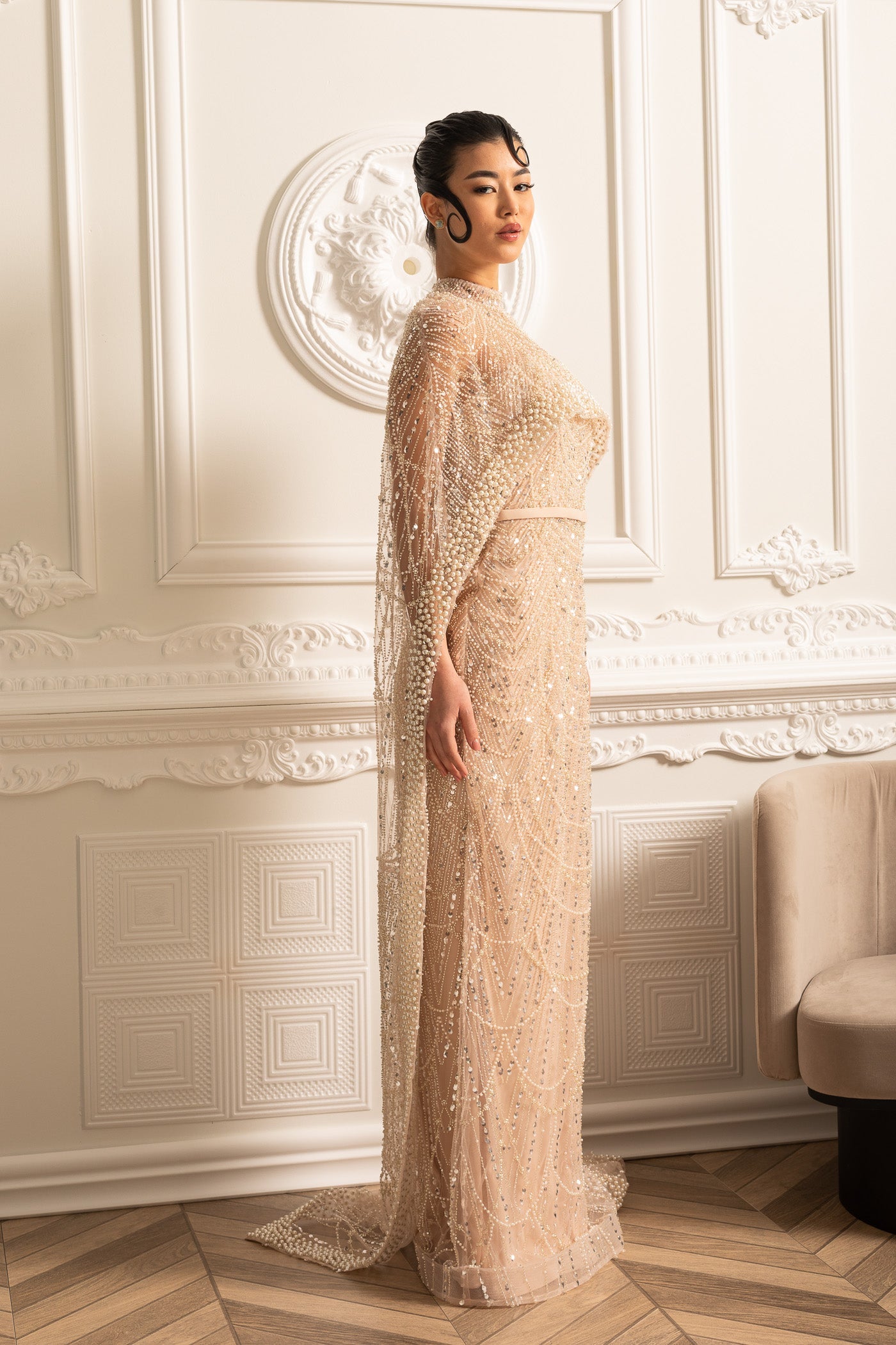 Glamourous Beaded Gown With Detachable Veil - Beige