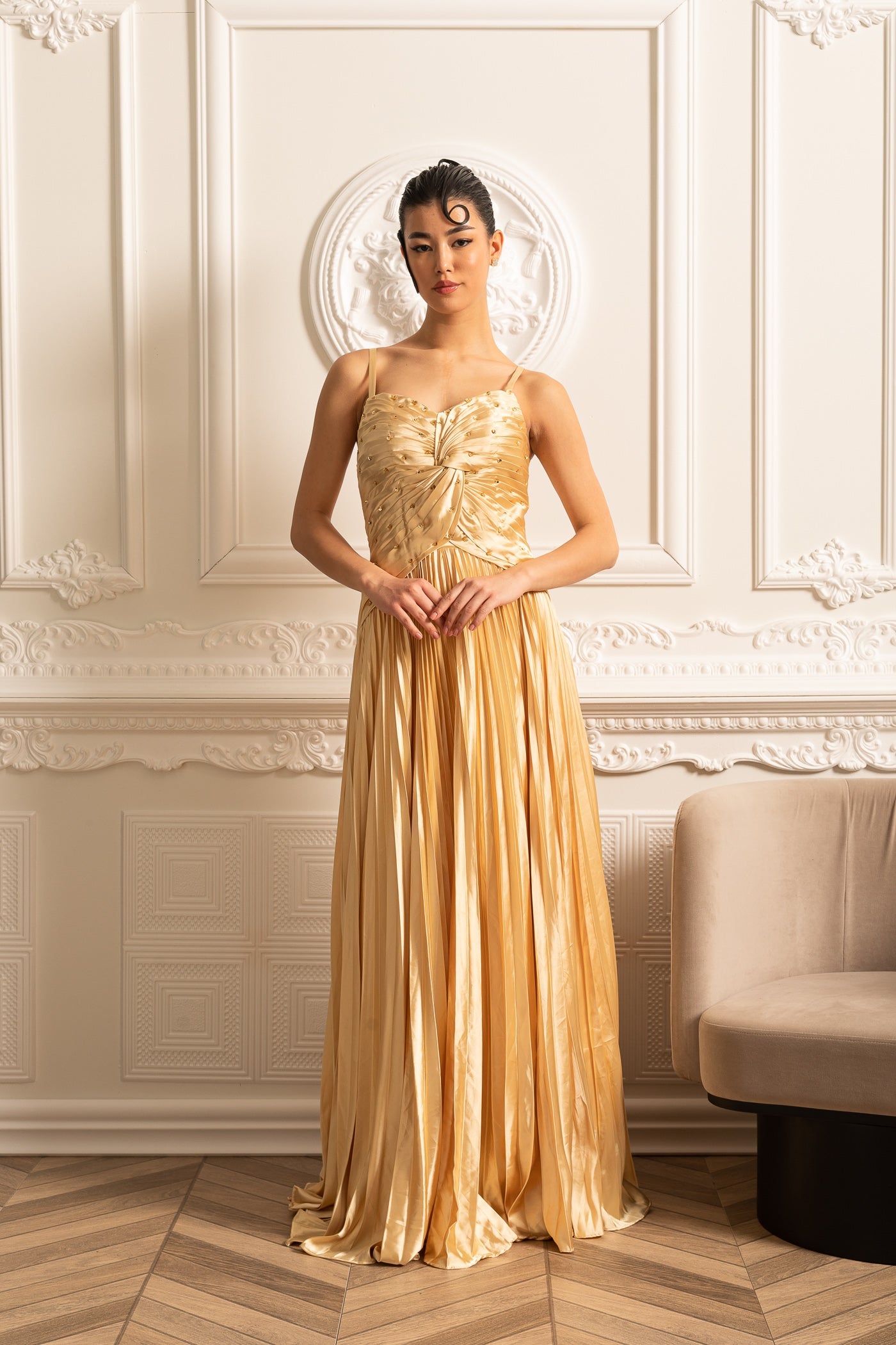 Cascade Gown With Sparkling Details - Gold