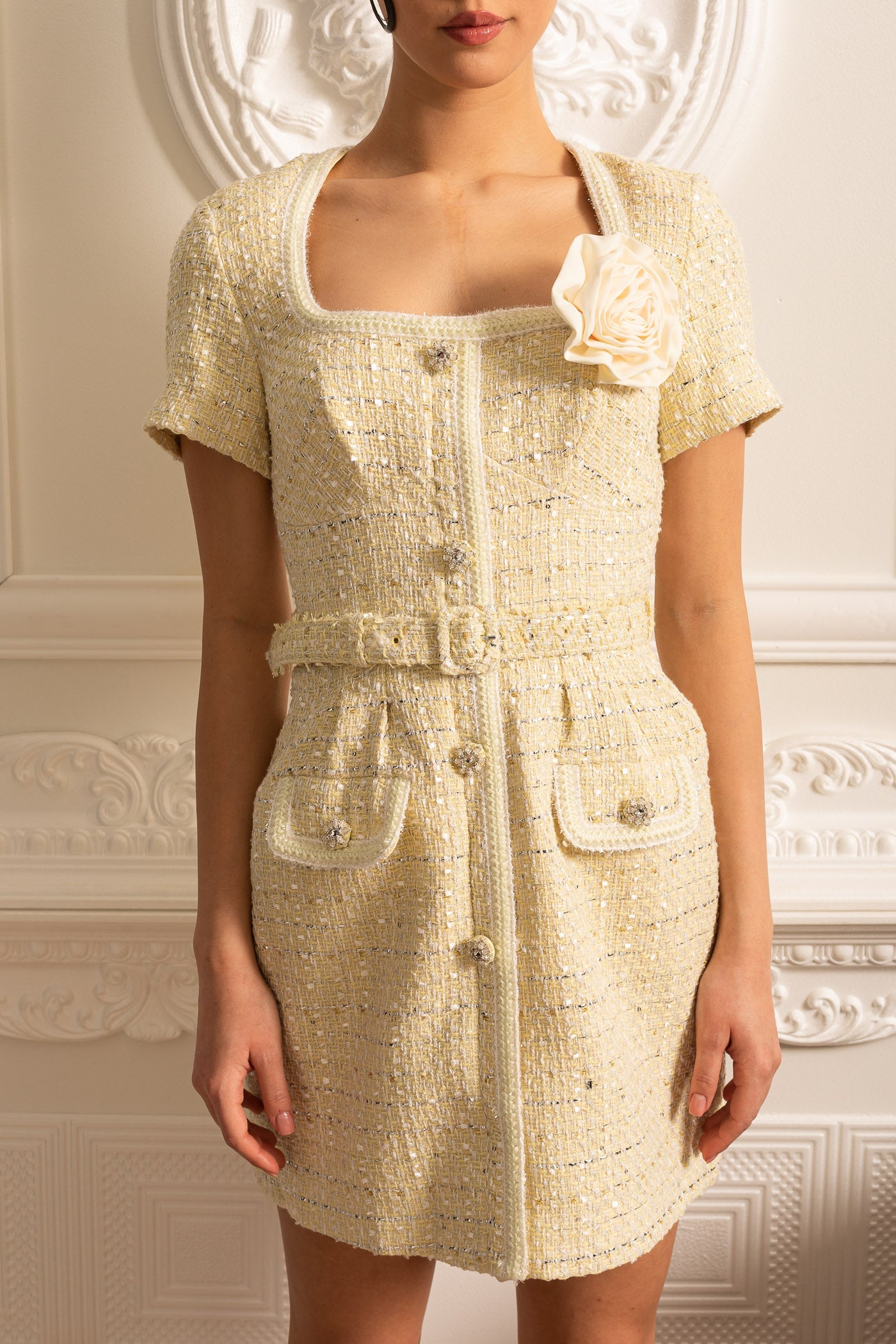 Textured Mini Dress With Matching Waistbelt And Floral Brooch - Beige