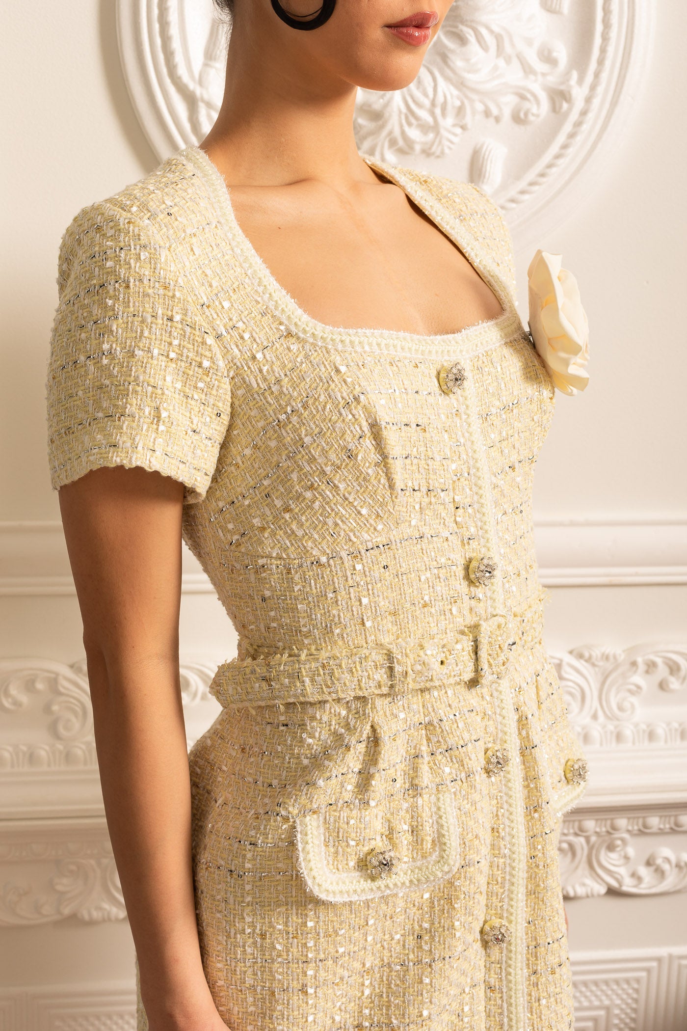 Textured Mini Dress With Matching Waistbelt And Floral Brooch - Beige