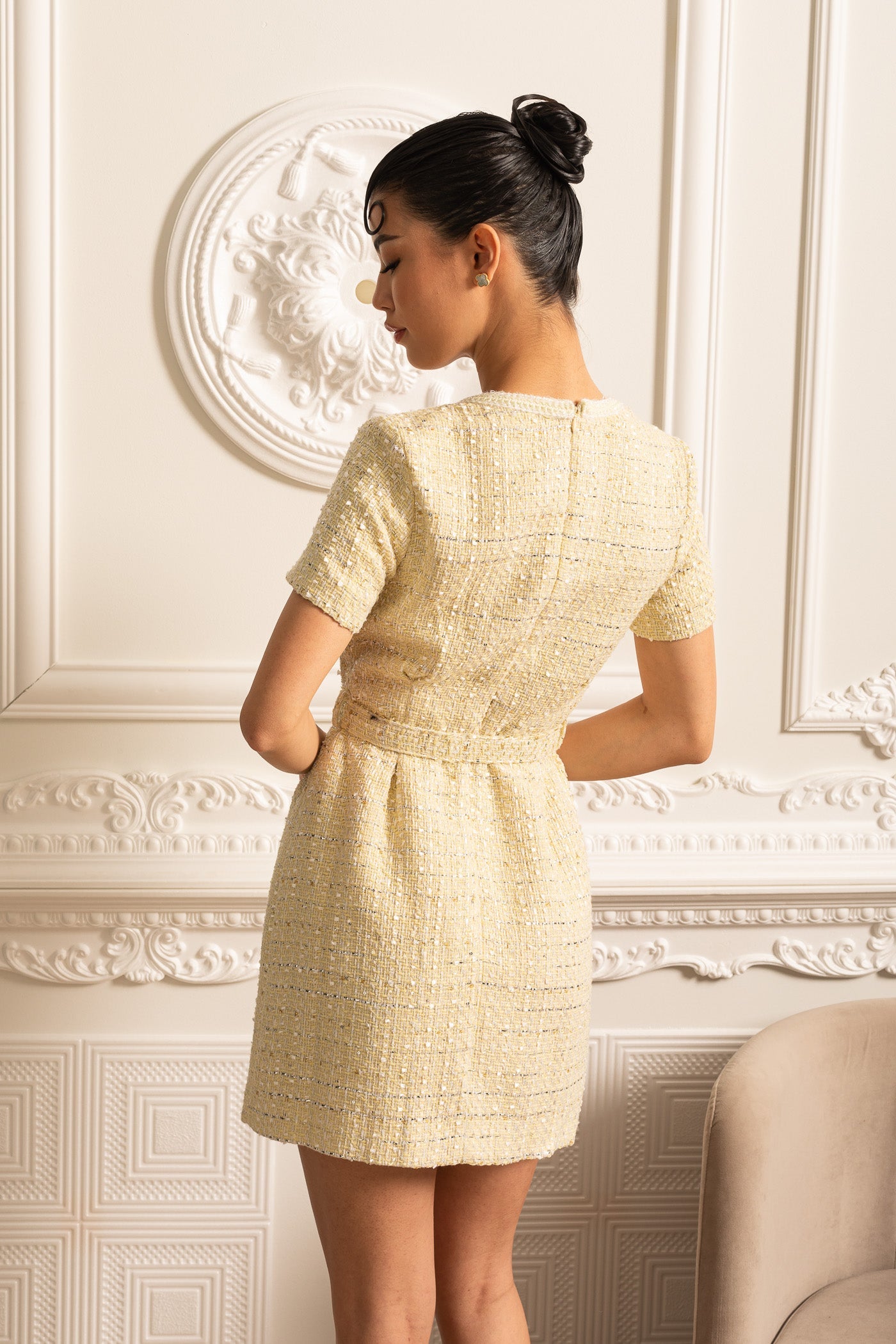 Textured Mini Dress With Matching Waistbelt And Floral Brooch - Beige
