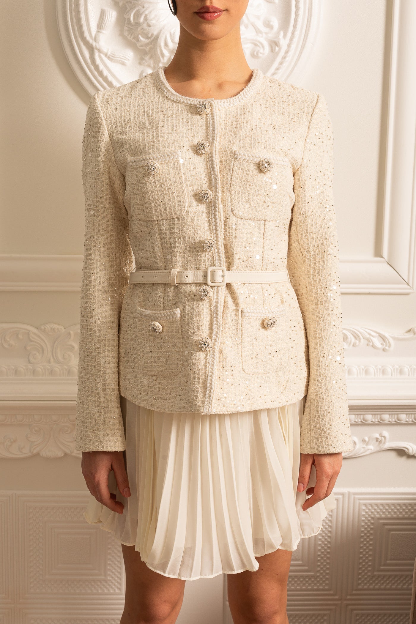 Textured Mini Dress With Pockets And Sheer Pleated Skirt - Beige