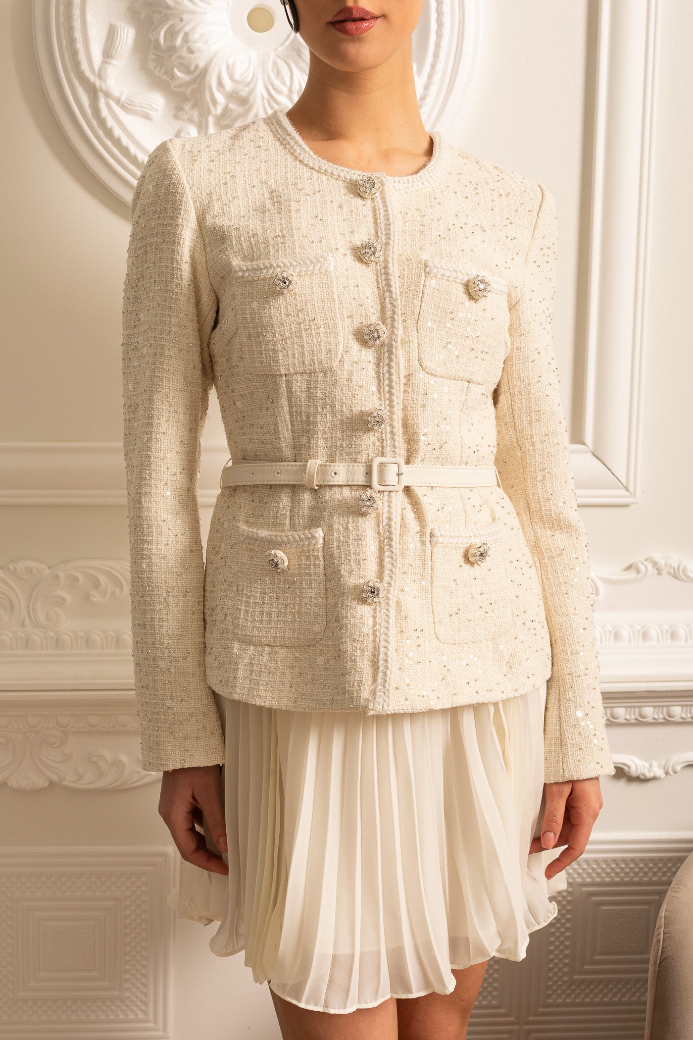 Textured Mini Dress With Pockets And Sheer Pleated Skirt - Beige