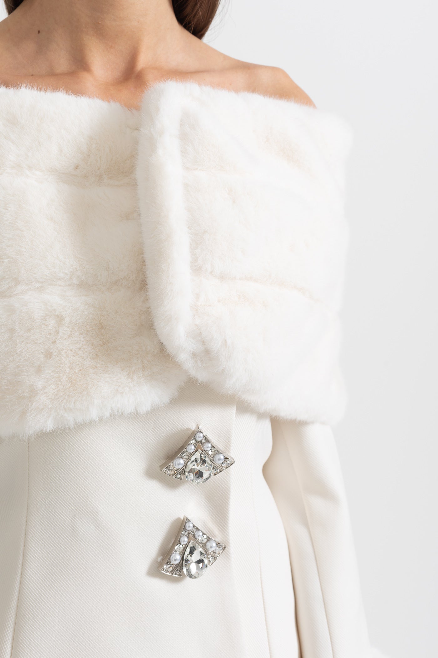 Two-Piece Ensemble With Faux Fur Shawl, Cuffs And Midi Skirt - White