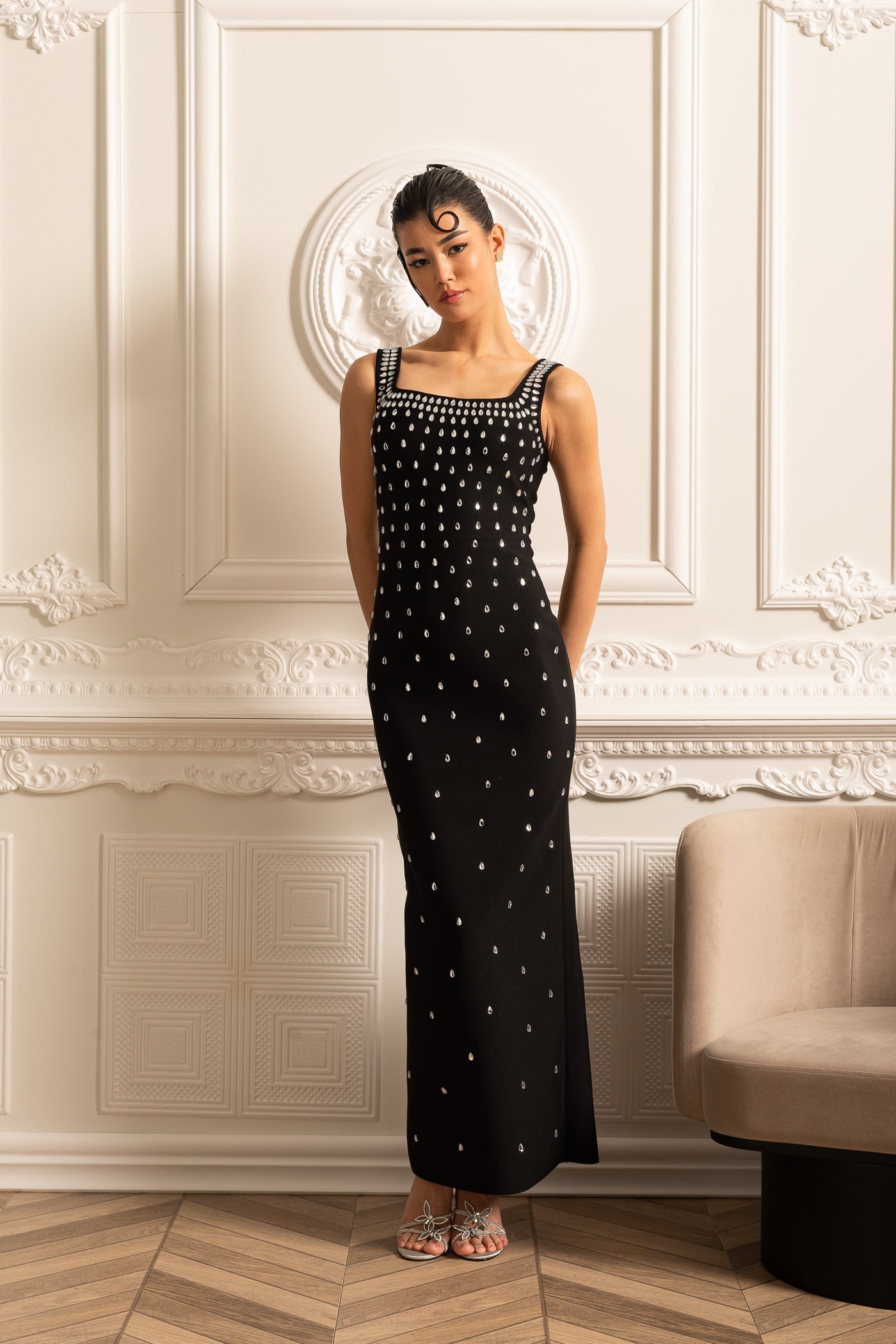 Fitted Dress With Delicate Crystal Embellishments - Black