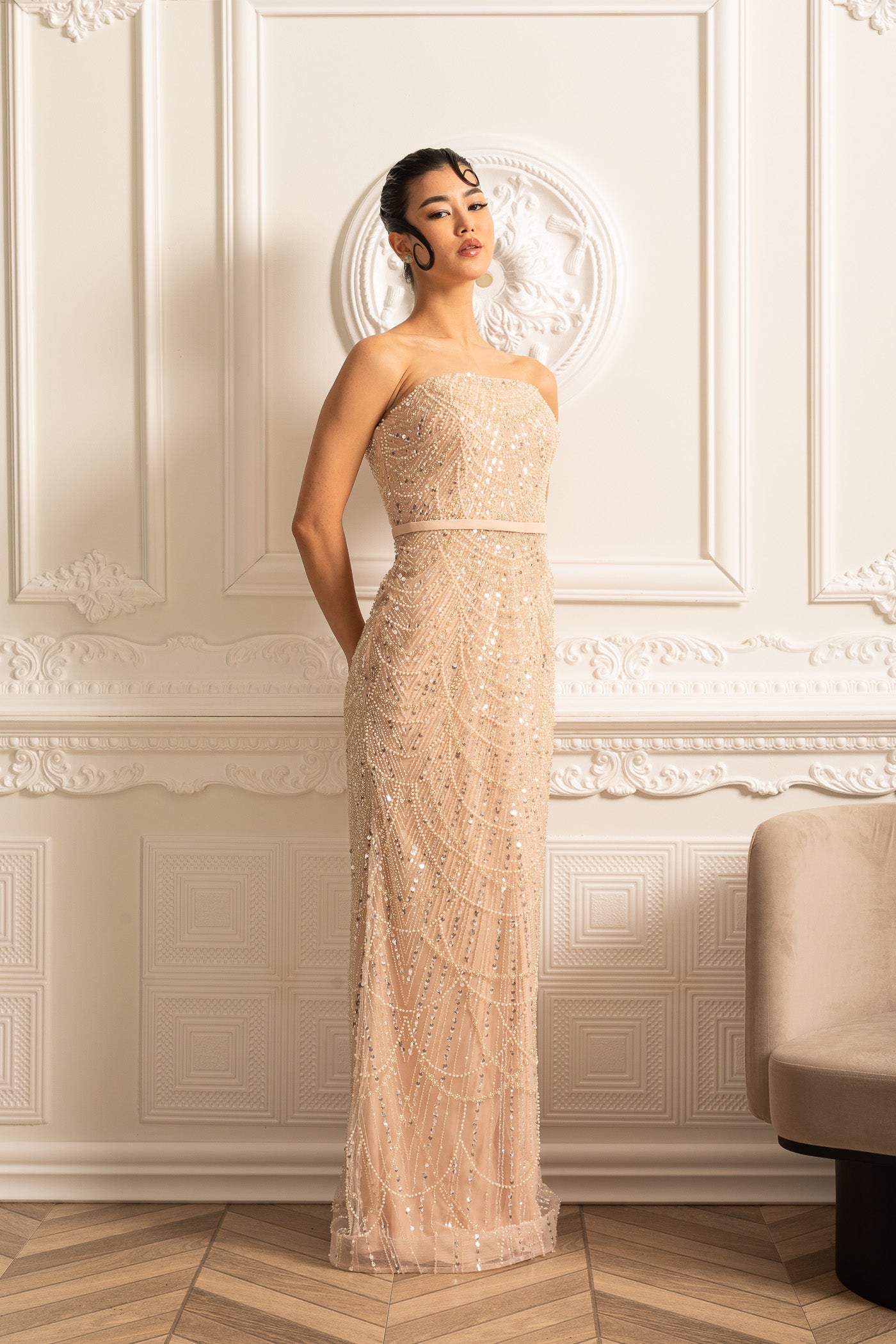 Glamourous Beaded Gown With Detachable Veil - Beige