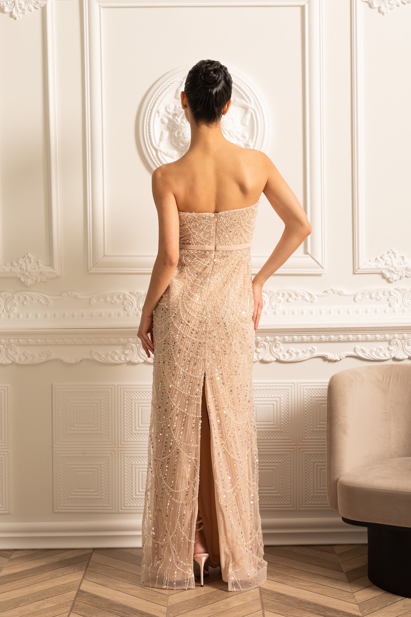 Glamourous Beaded Gown With Detachable Veil - Beige