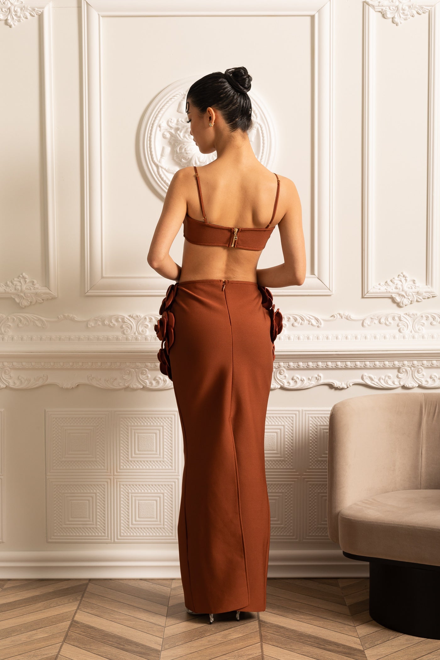 Elegant Satin Co-Ord Set With 3D Floral Embellishments - Brown