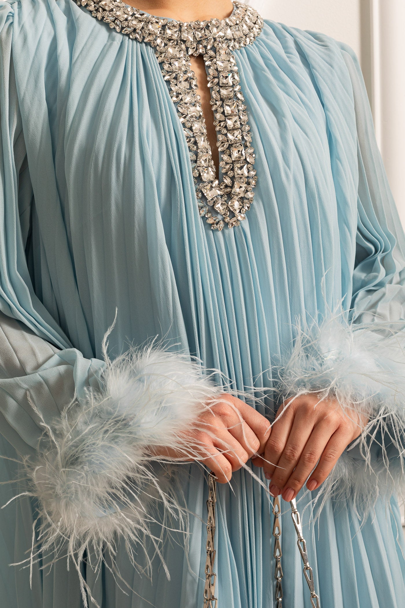 Pleated Long Dress With Feathered Cuffs And Sparkling Neckline - Blue