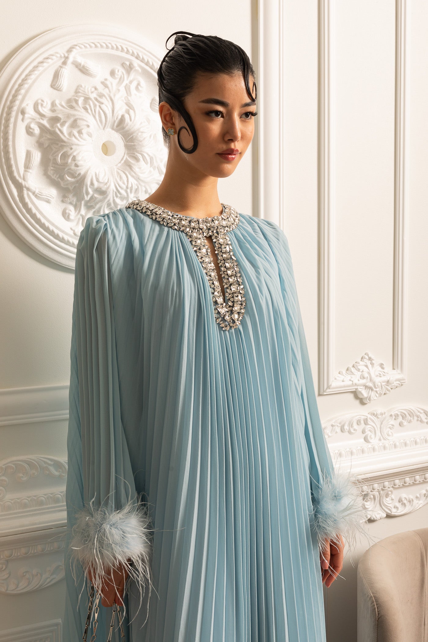 Pleated Long Dress With Feathered Cuffs And Sparkling Neckline - Blue
