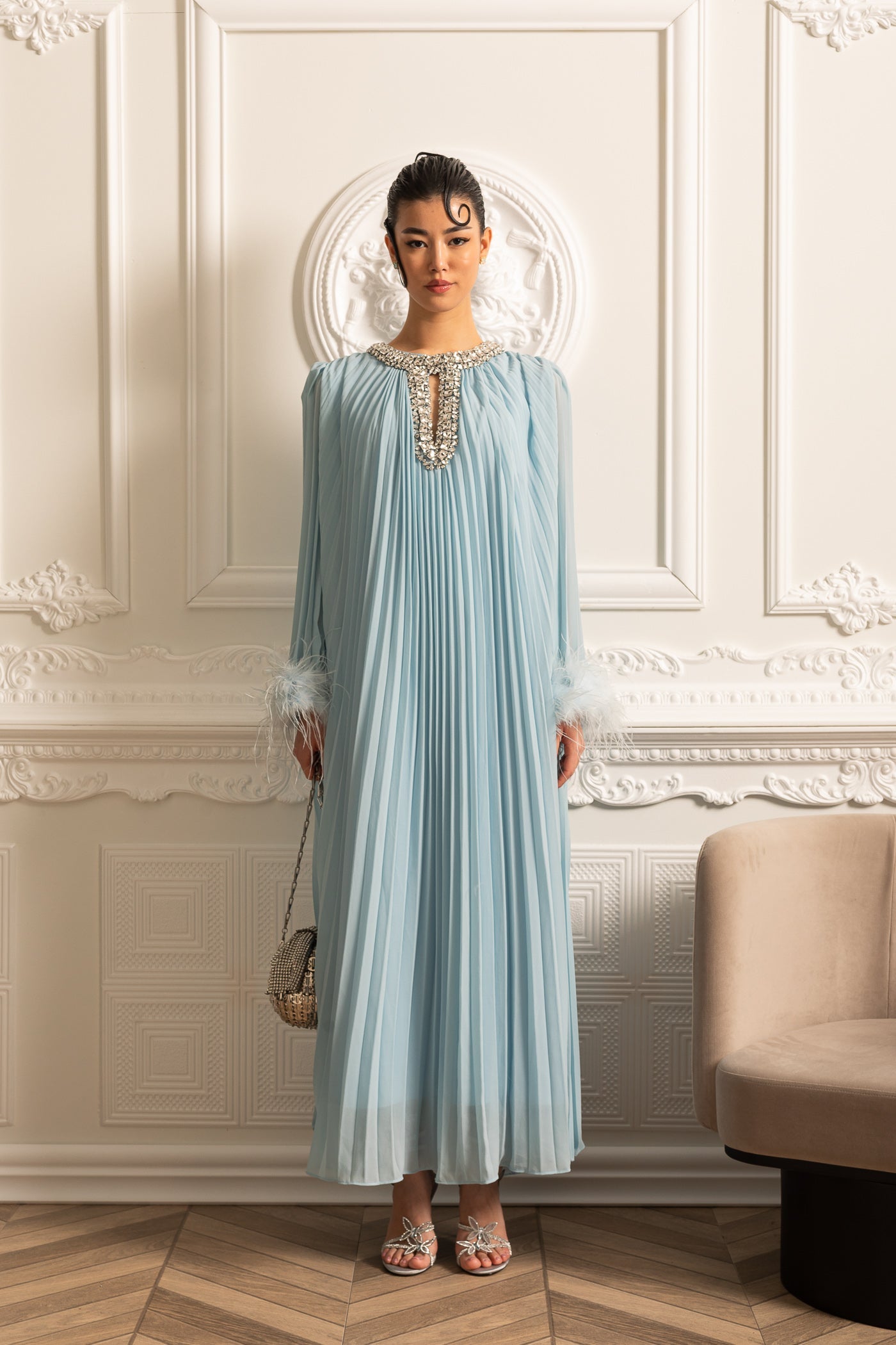 Pleated Long Dress With Feathered Cuffs And Sparkling Neckline - Blue