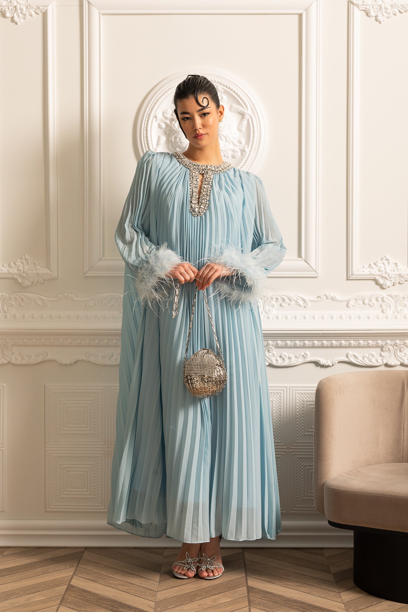 Pleated Long Dress With Feathered Cuffs And Sparkling Neckline - Blue