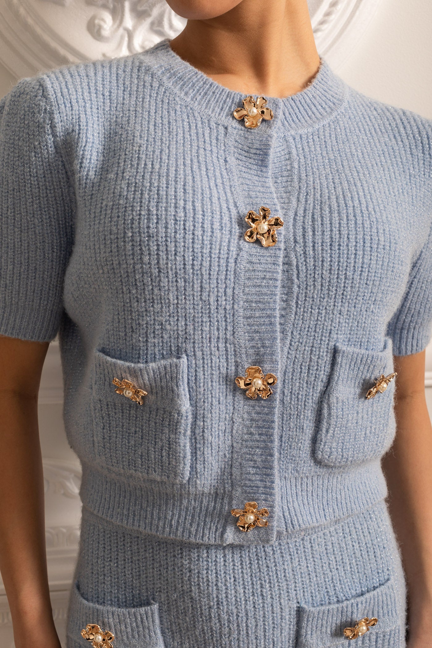 Elegant Knit Set With Front Pockets And Gold Buttons - Blue