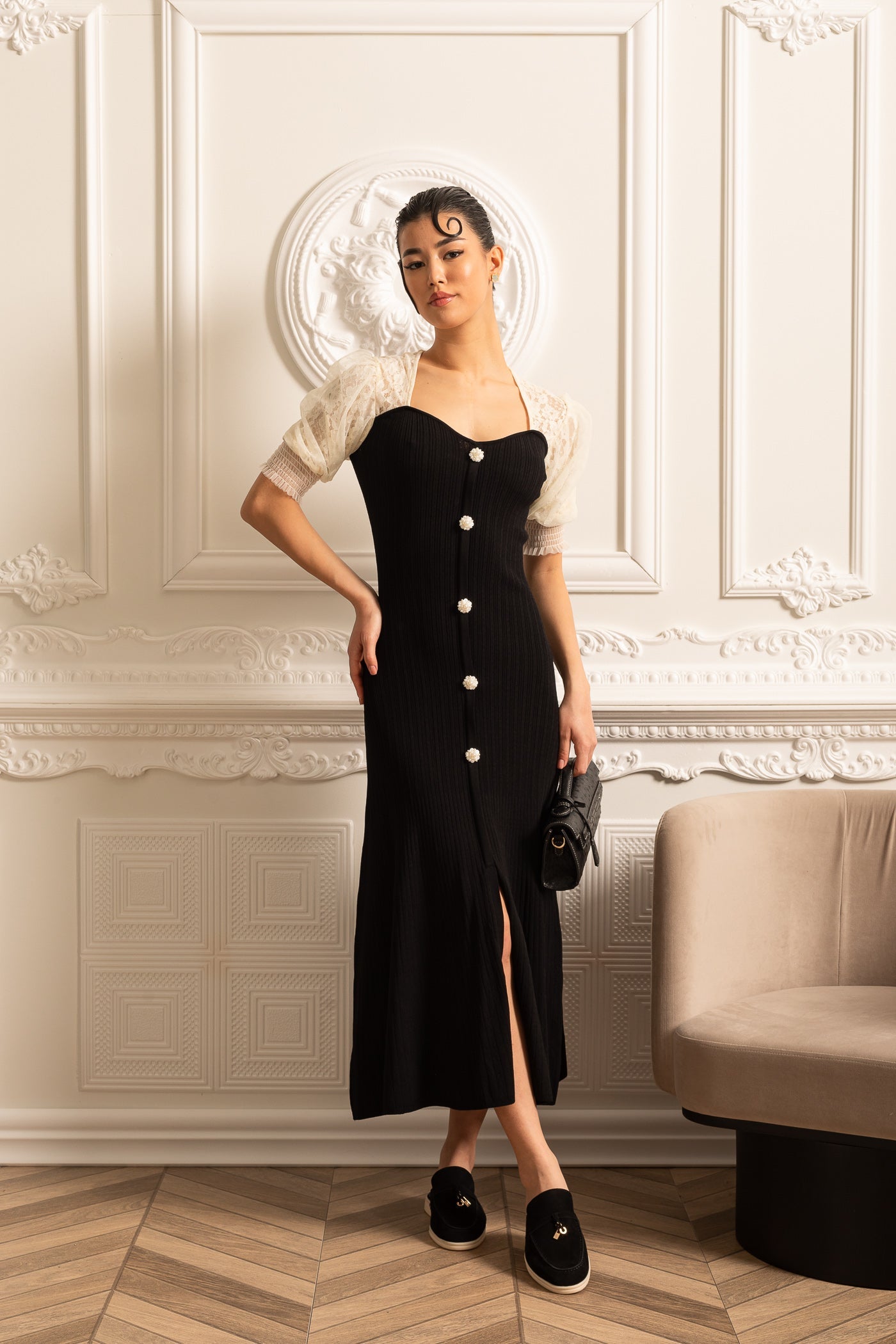 Ankle-Length Dress With Contrasting Sheer Lace Sleeves - Black