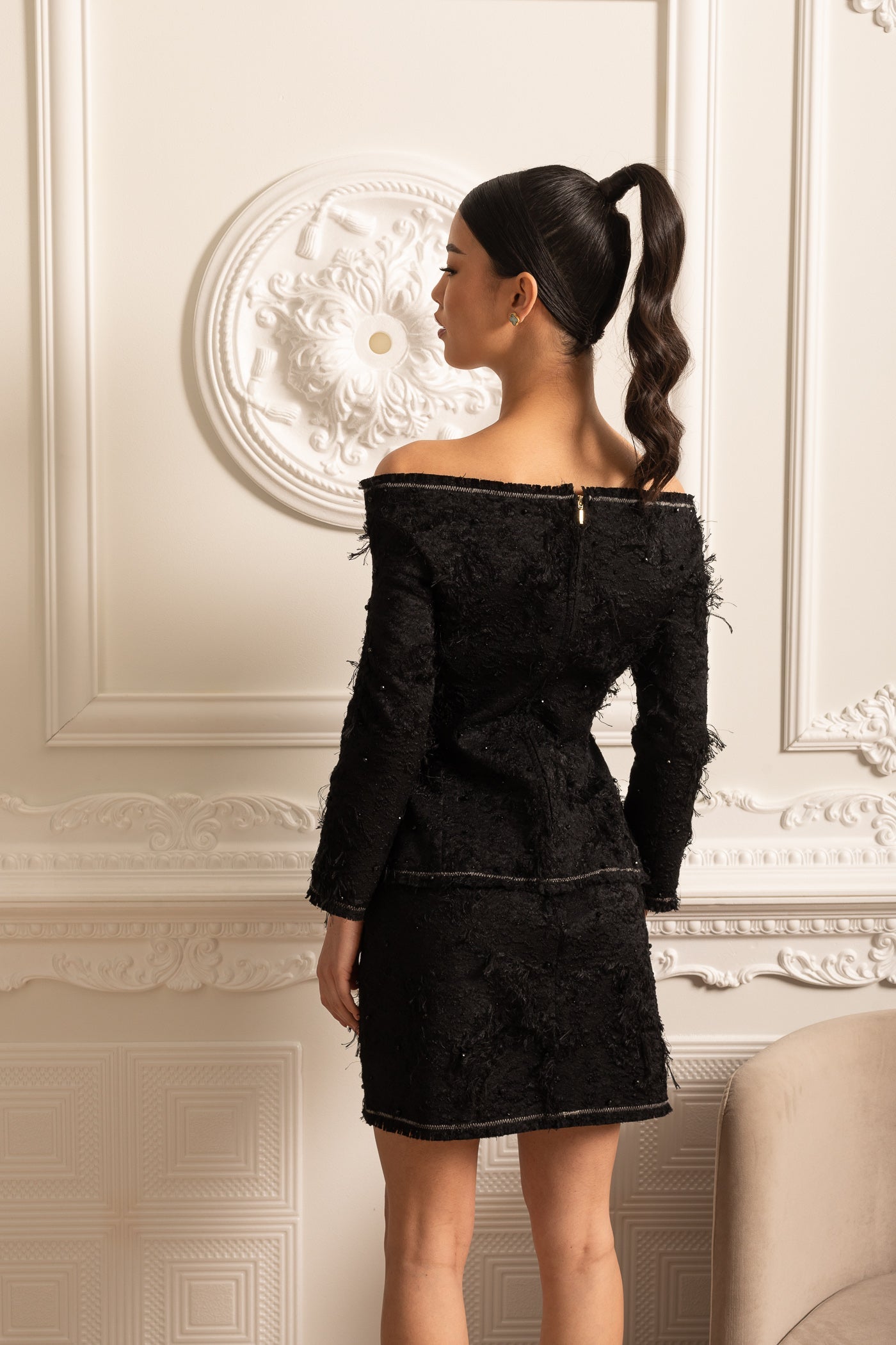 Textured Off-Shoulder Co-ord With White Bow Accents - Black