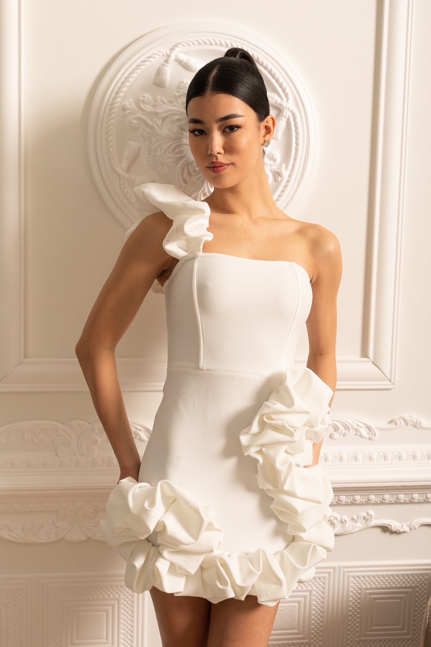 Floral Mini Dress With Ruffled Hem And Shoulder Strap - White