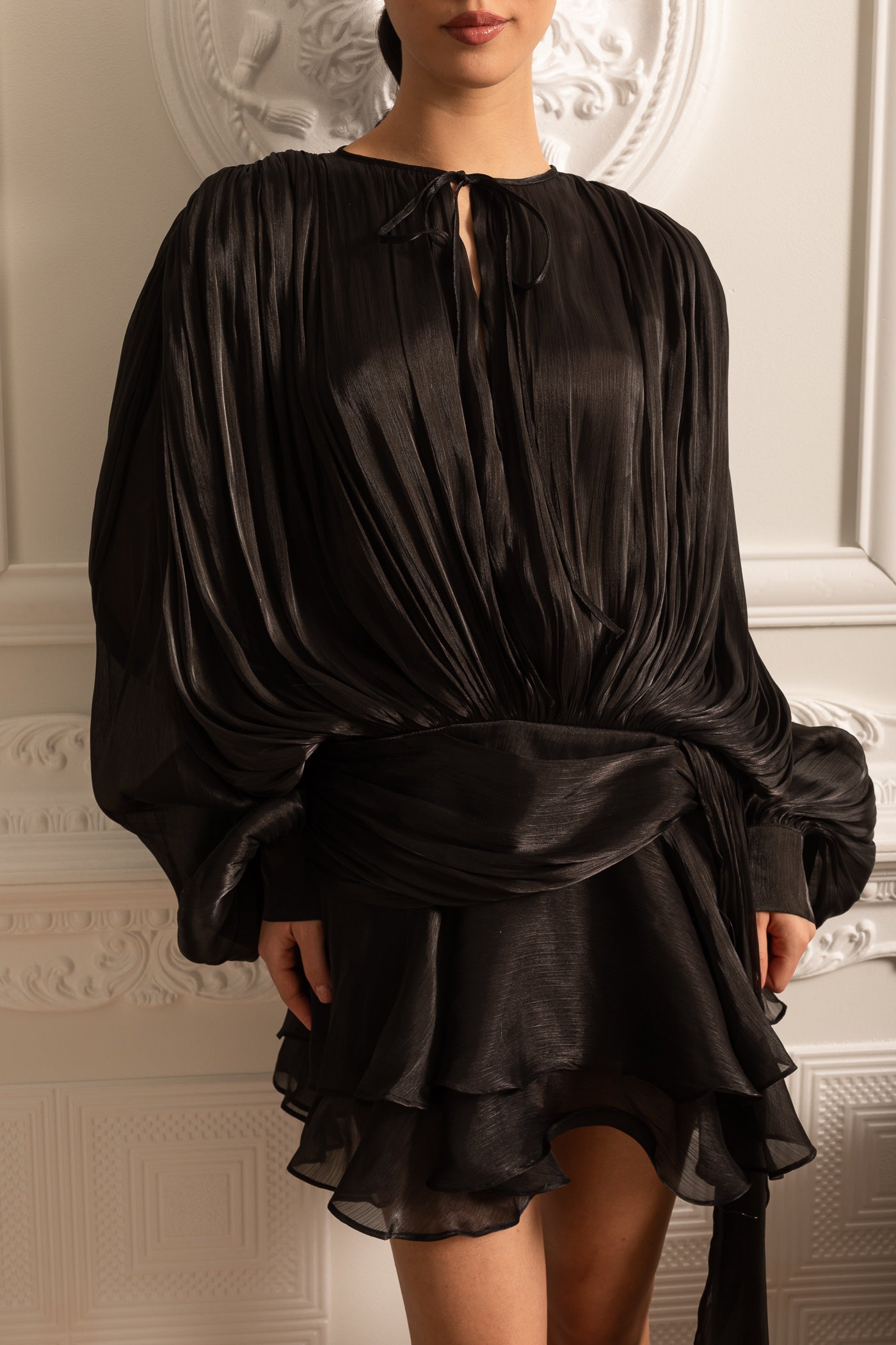 Draped Long-Sleeved Dress with Mini Skirt And Ruched Waistband - Black