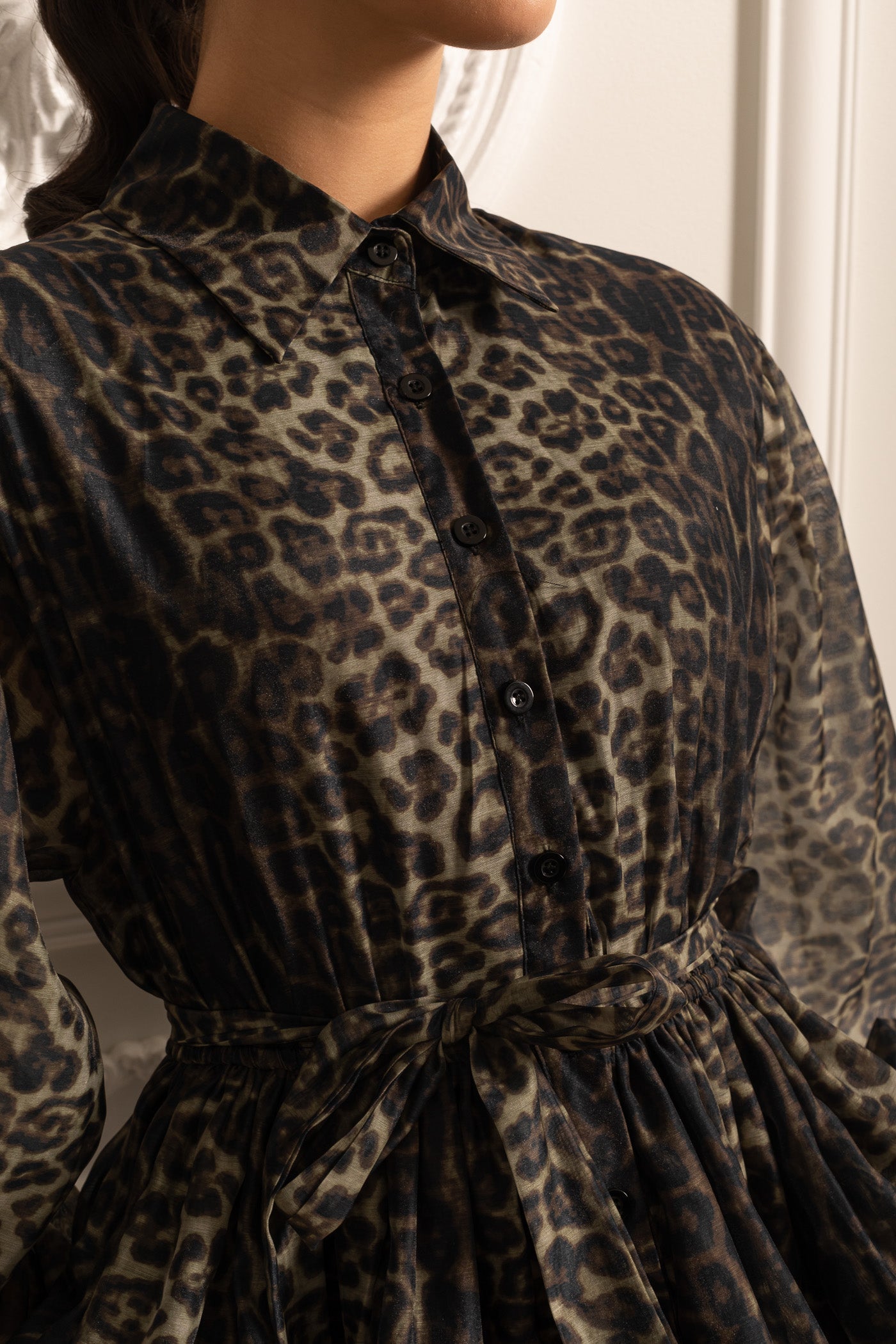 Leopard Pattern Long Sleeved Dress With Layered Skirt - Black