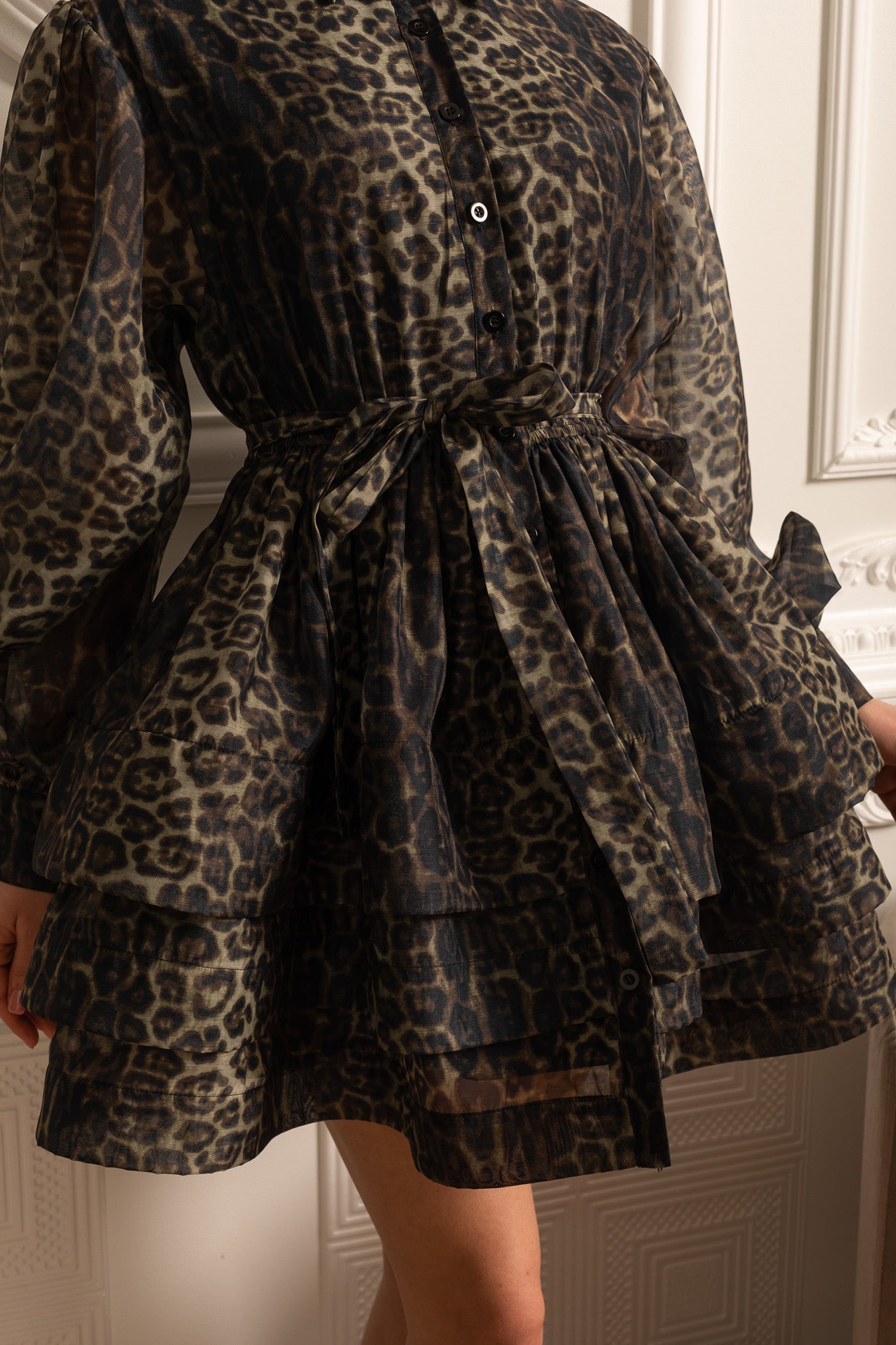 Leopard Pattern Long Sleeved Dress With Layered Skirt - Black