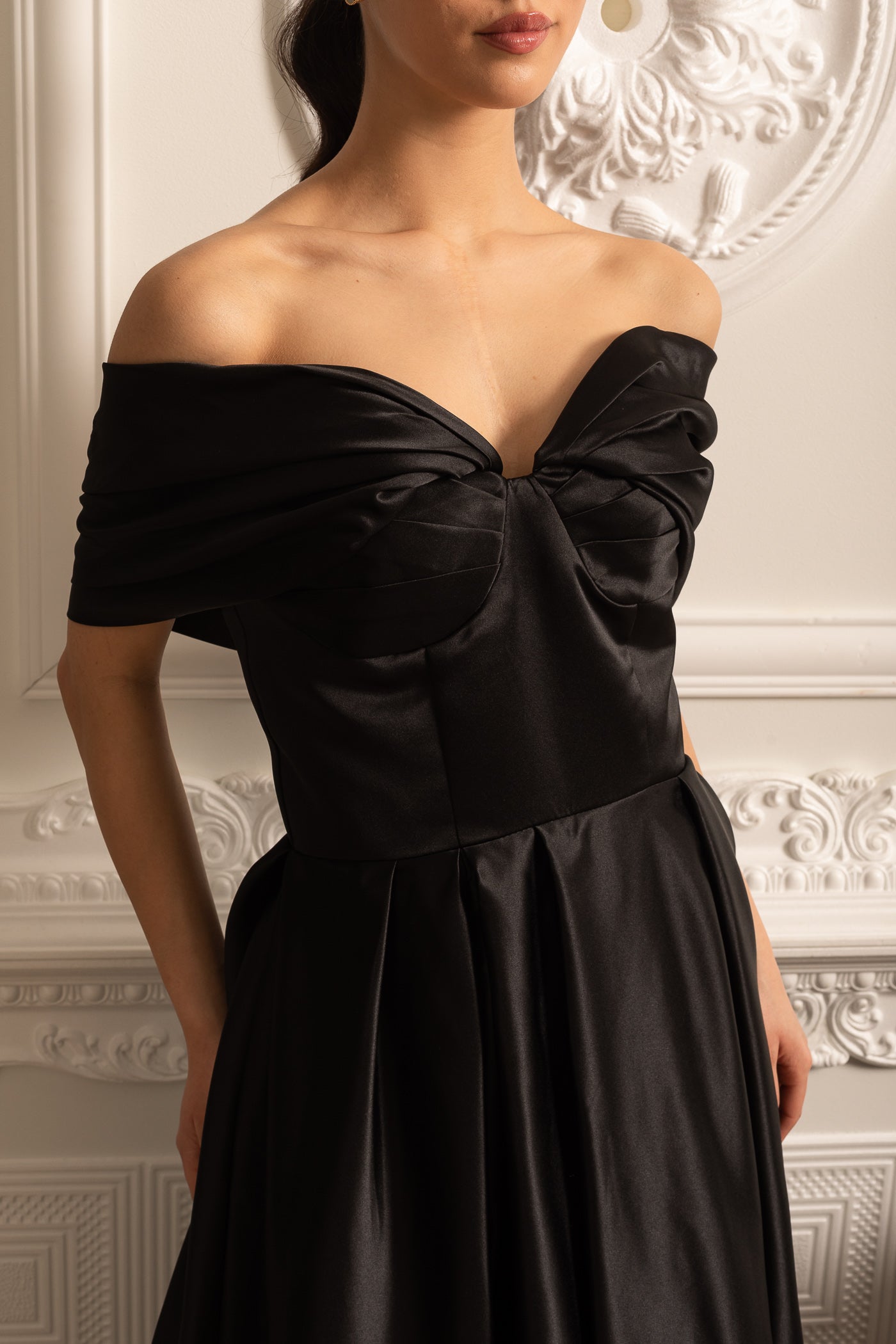 Off-Shoulder Satin Gown With Draping Skirt And Back Laces Closure - Black