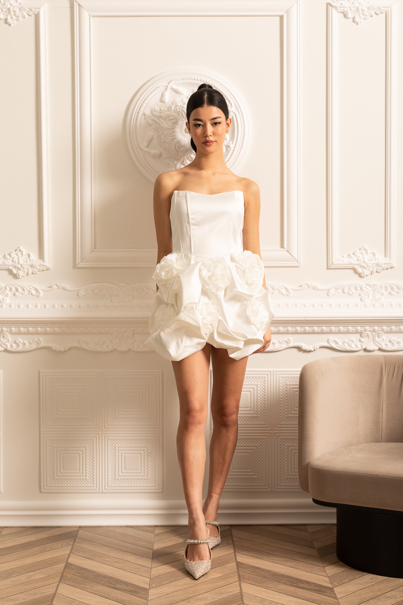 Satin Mini Dress With Gathered Fabric Floral Mini Skirt - White