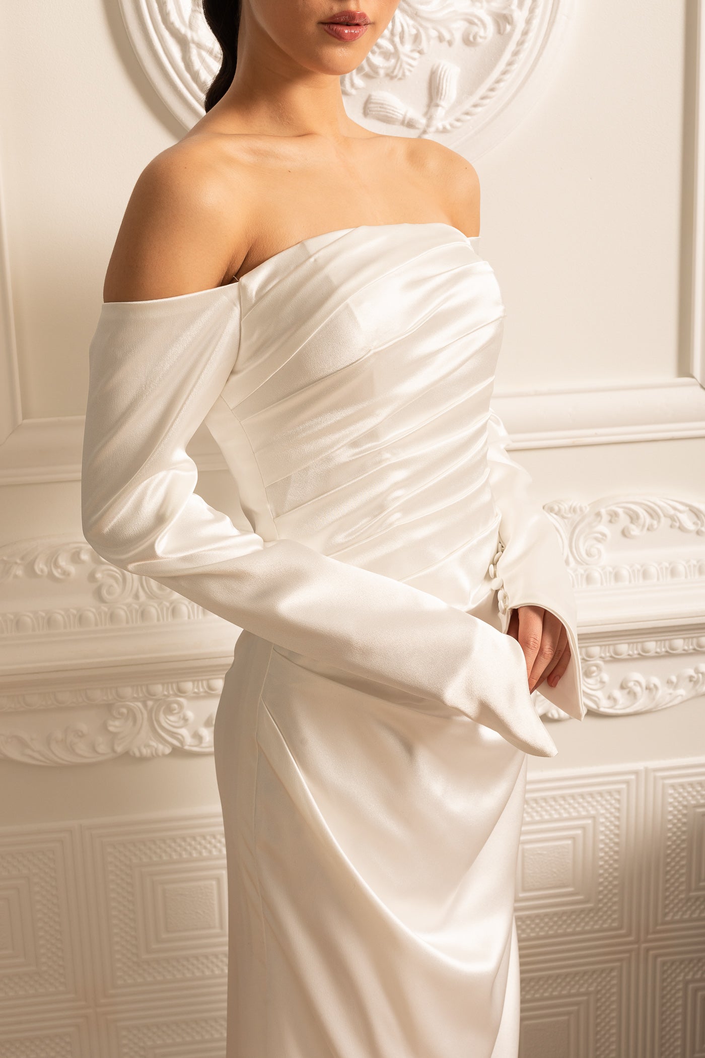 Off-Shoulder Satin Dress With Ruched Design And Draping Skirt - White