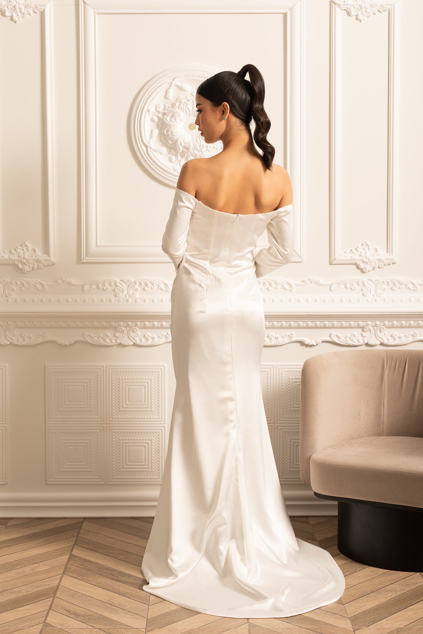 Off-Shoulder Satin Dress With Ruched Design And Draping Skirt - White