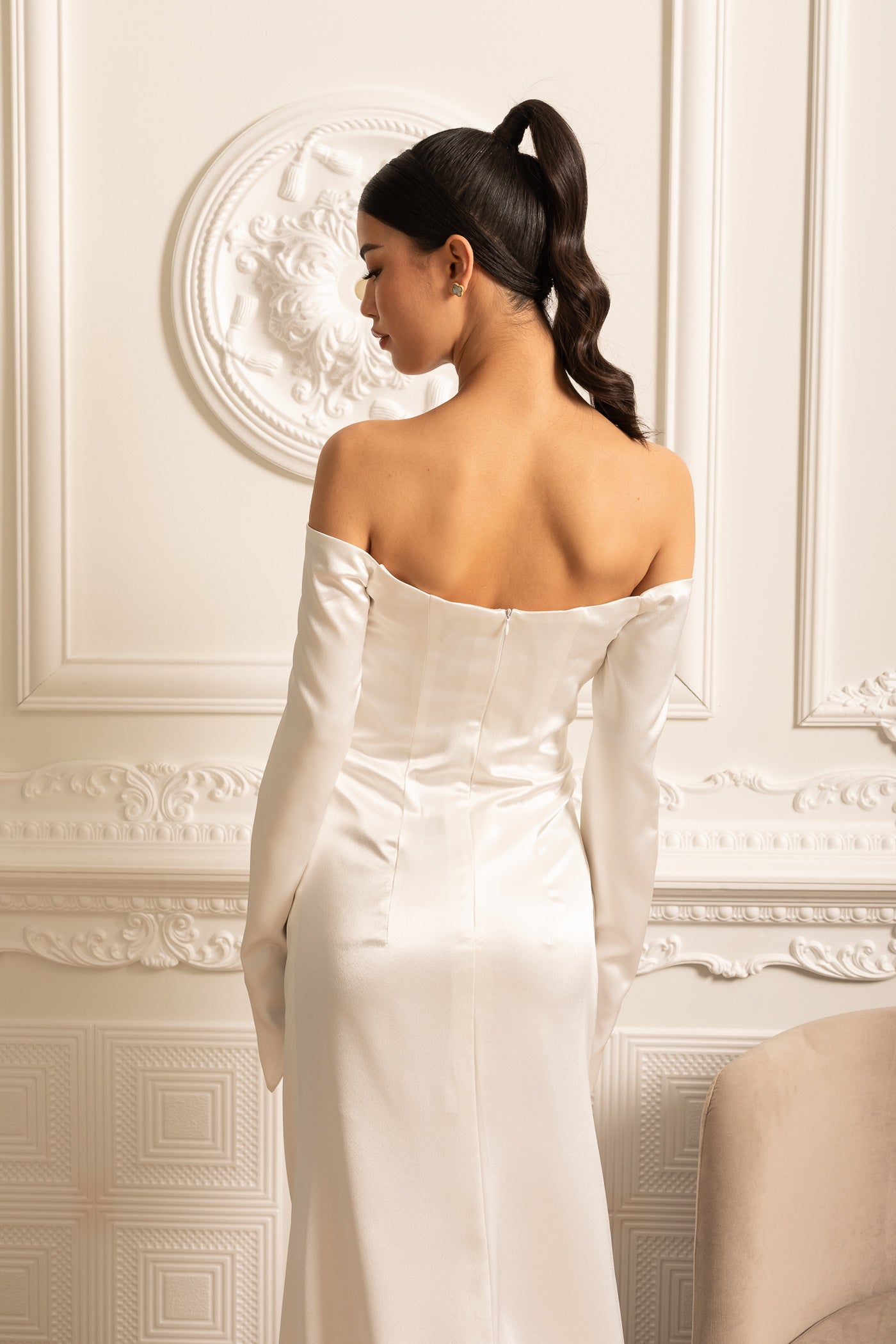 Off-Shoulder Satin Dress With Ruched Design And Draping Skirt - White