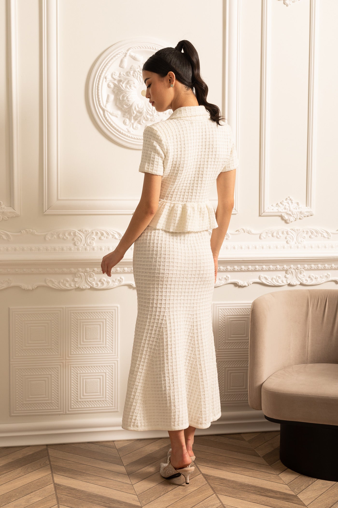 Knitted Midi Dress With Gold Buttons And Peplum Waist - White