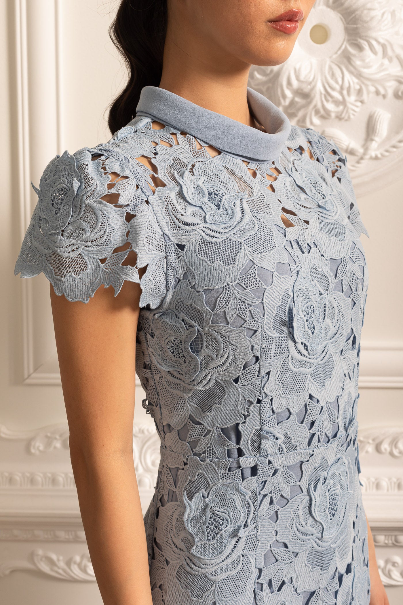 Floral Pattern Lace Dress With High Collar And Midi Skirt - Blue
