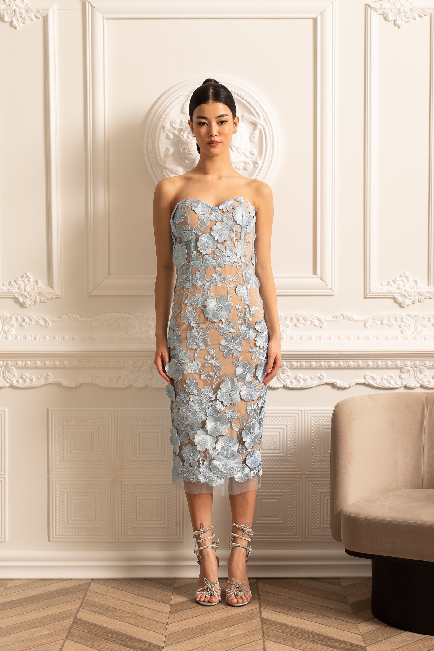 Sheer Embroidered Dress With Intricate Floral Pattern - Blue
