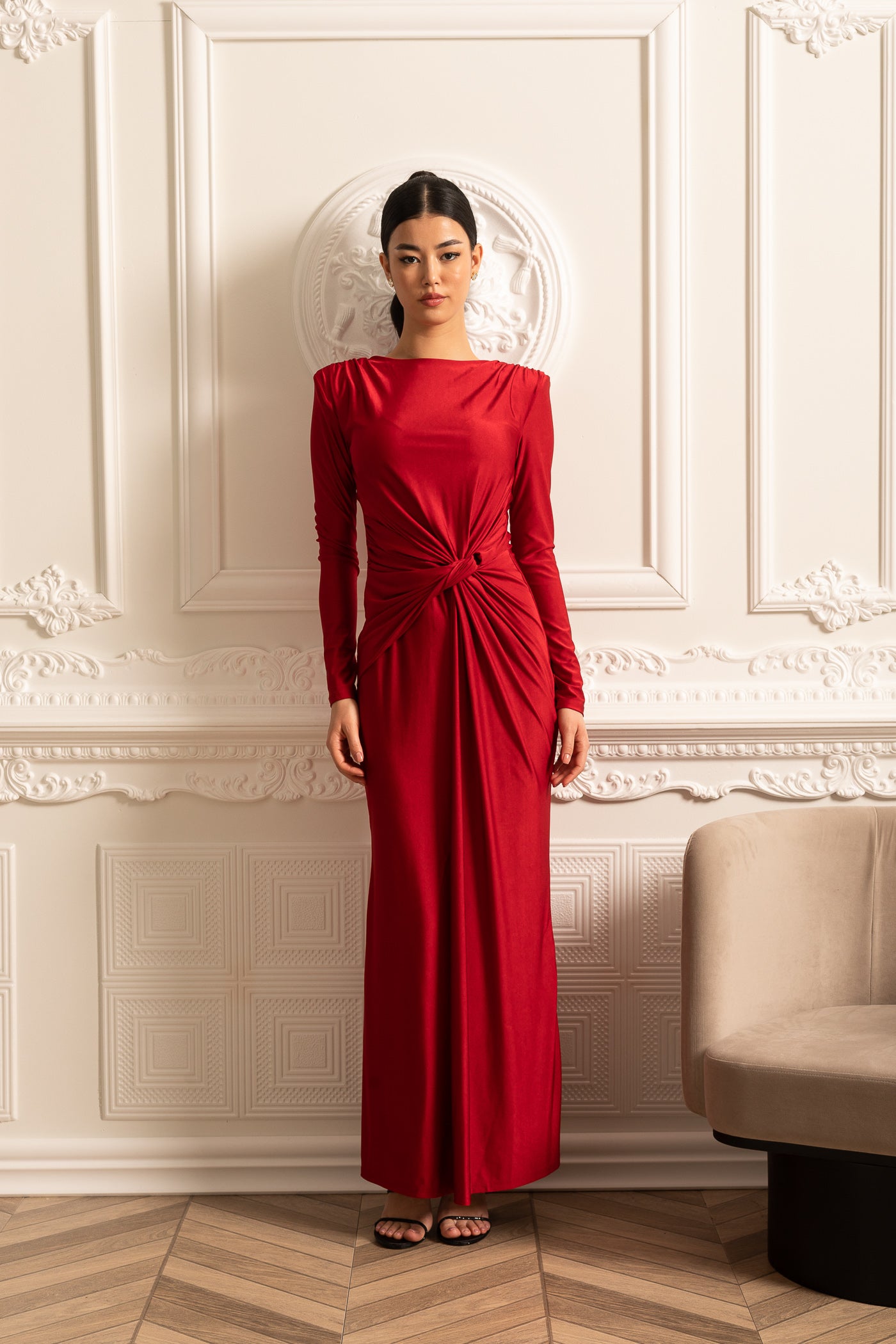 Satin Dress With Long Sleeves, Side Draping And Twisted Waist Detail - Red