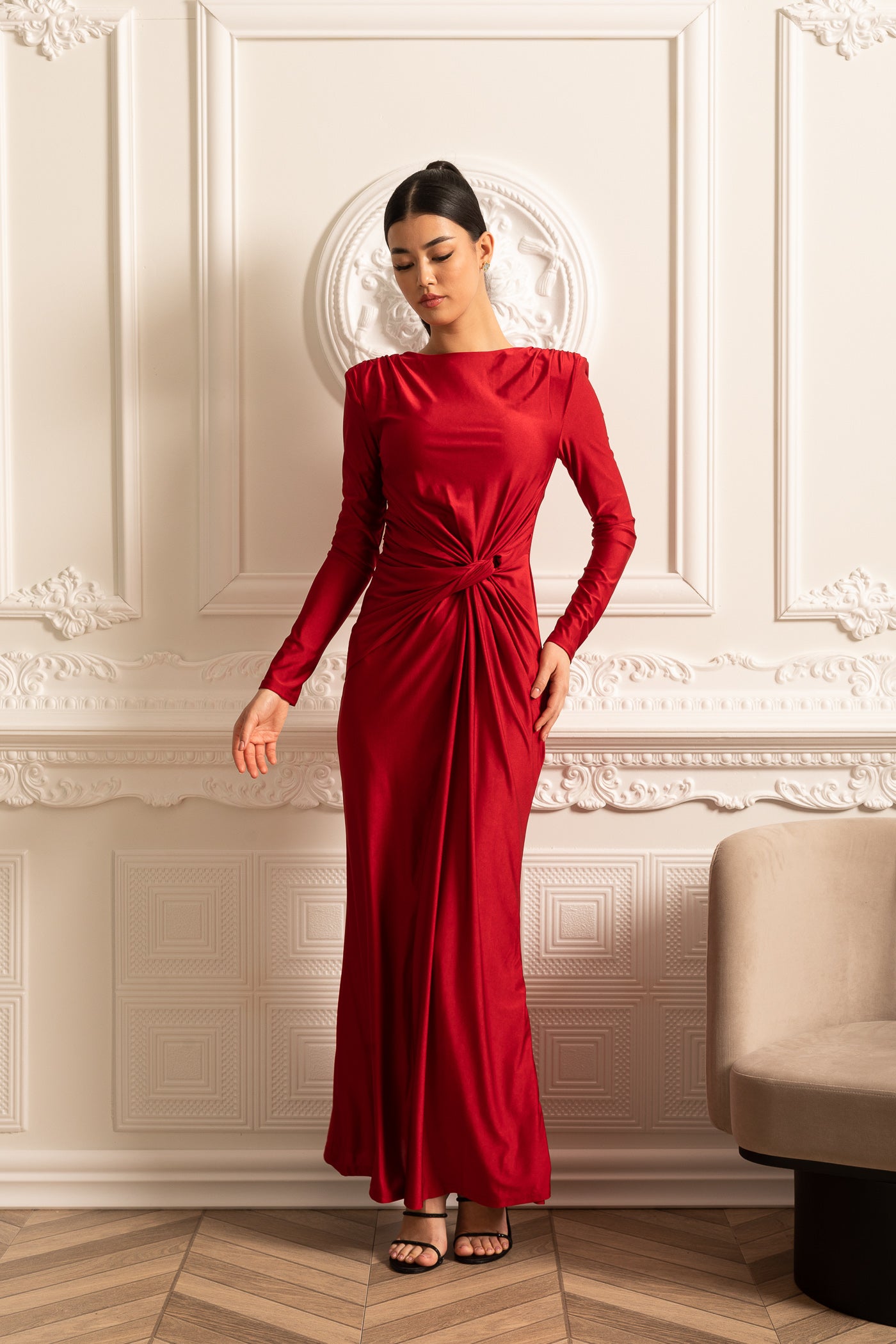 Satin Dress With Long Sleeves, Side Draping And Twisted Waist Detail - Red