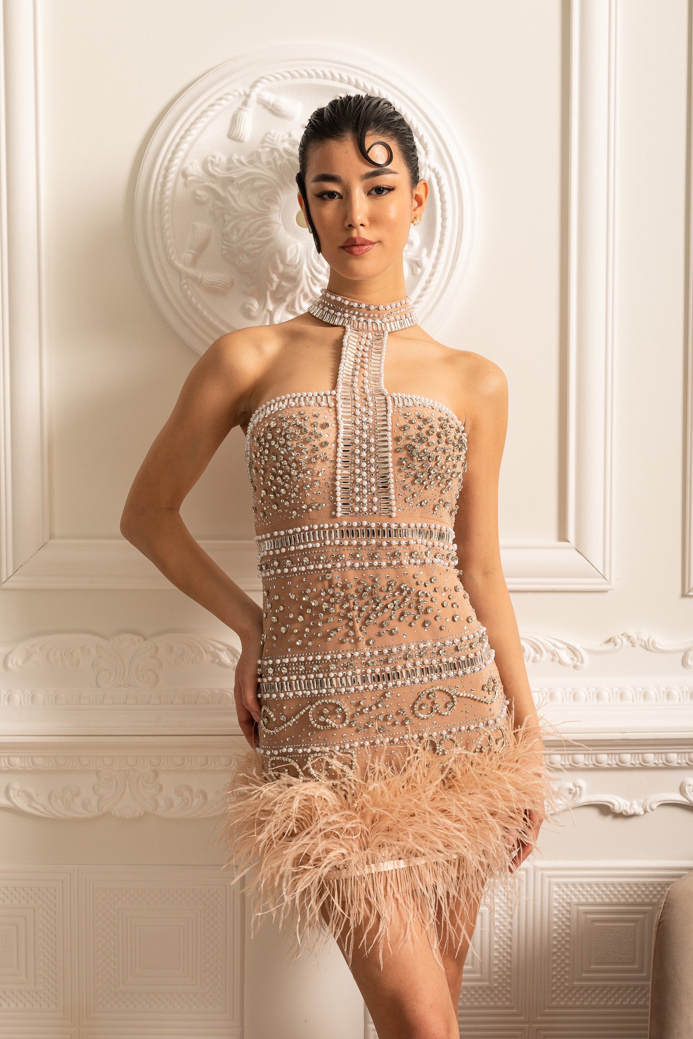 Elegant Halter Dress With Beads And Crystal Embellishments - Beige