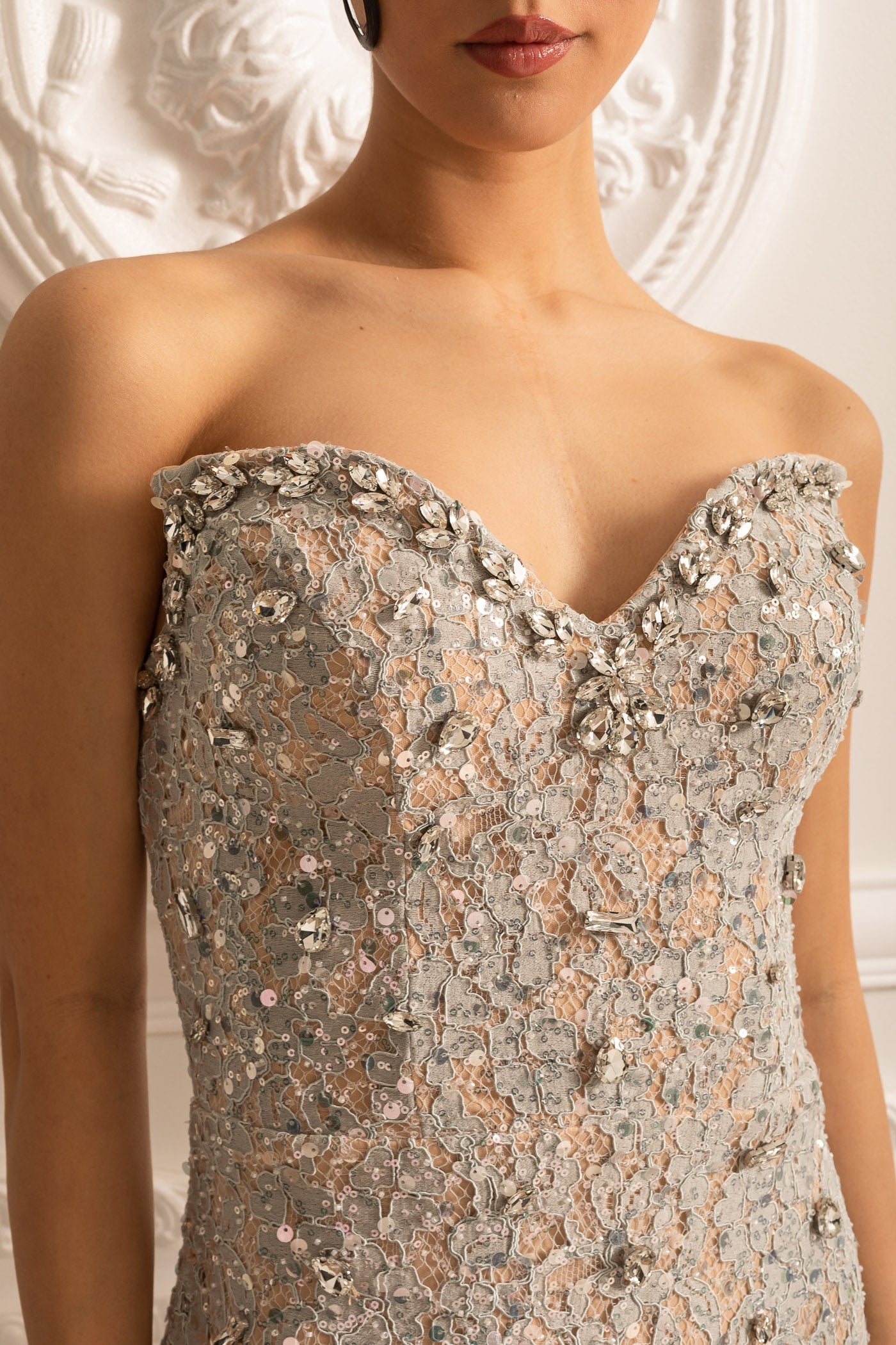 Patterned Strapless Dress With Fringe Detailing at Hem - Silver