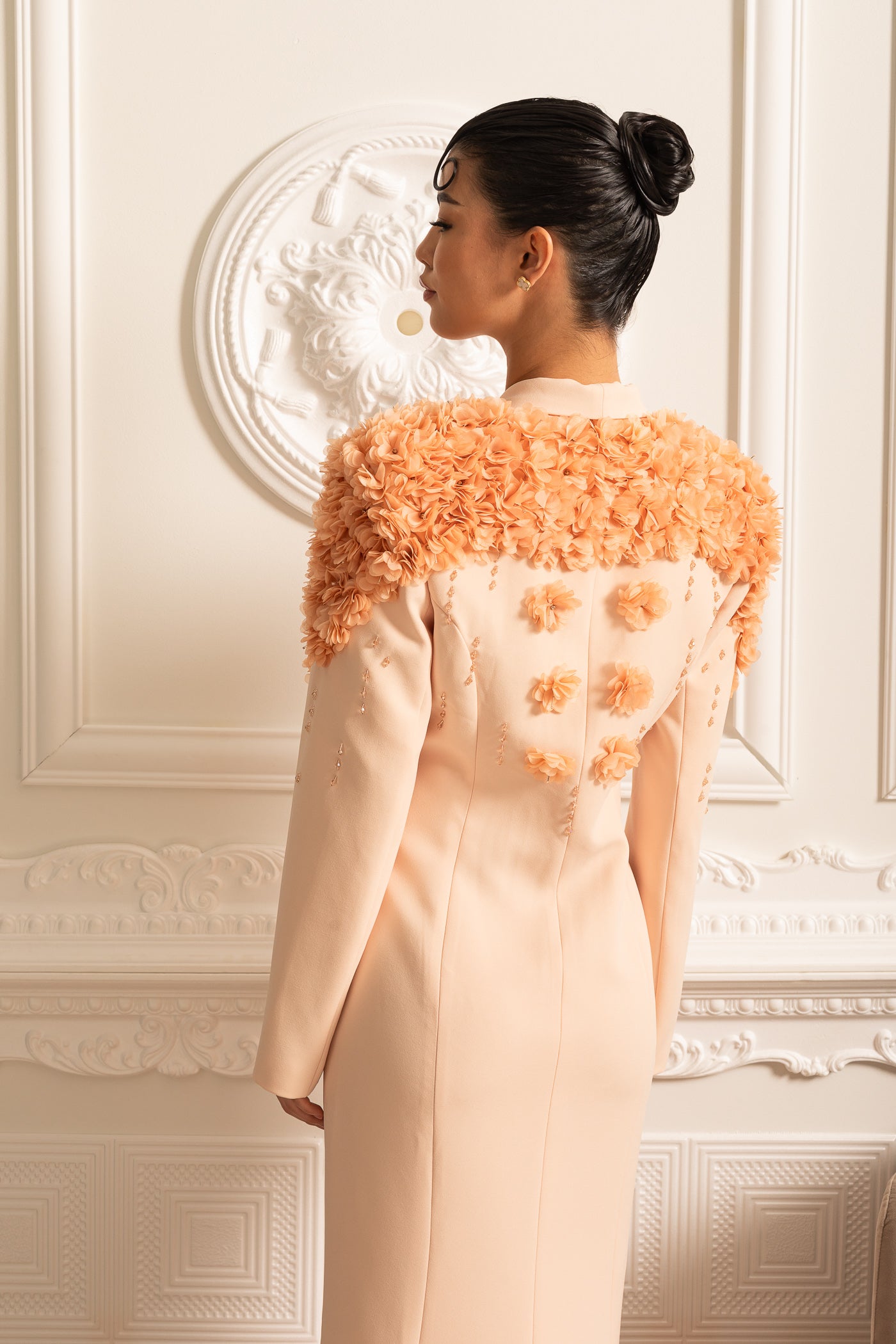 Long Blazer With 3D Contrasting Floral Shoulder And Back Accents - Peach