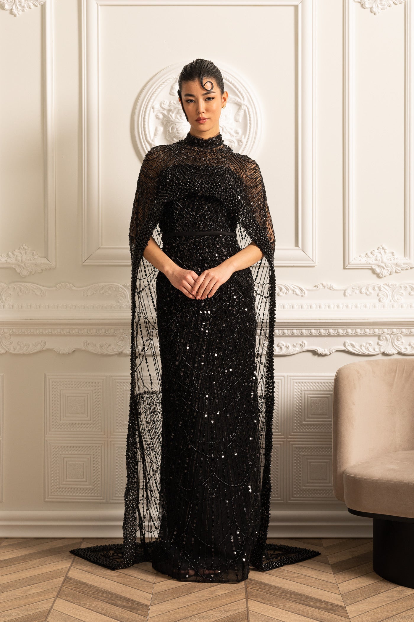 Glamourous Beaded Gown With Detachable Veil - Black