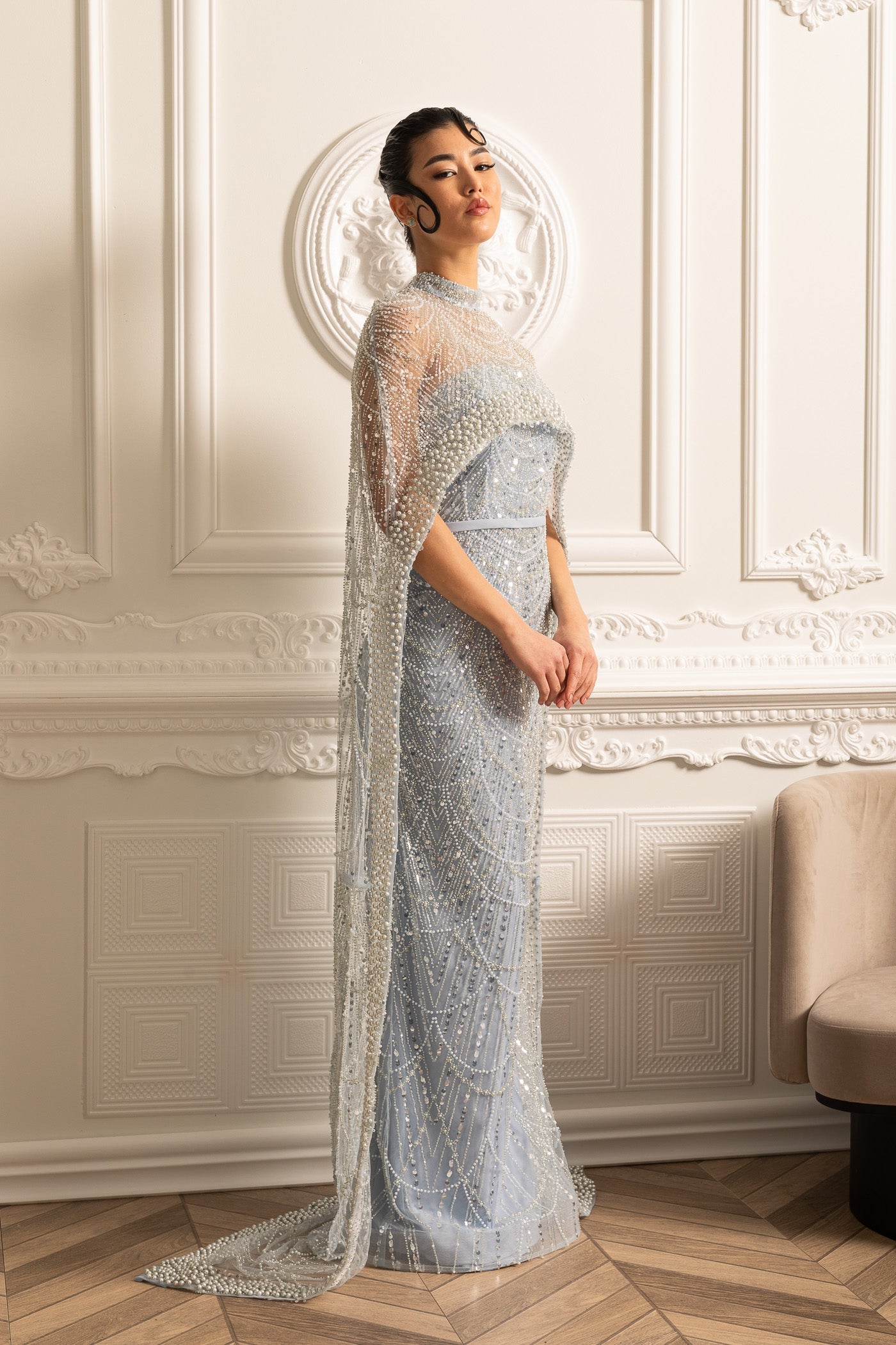 Glamourous Beaded Gown With Detachable Veil - Blue