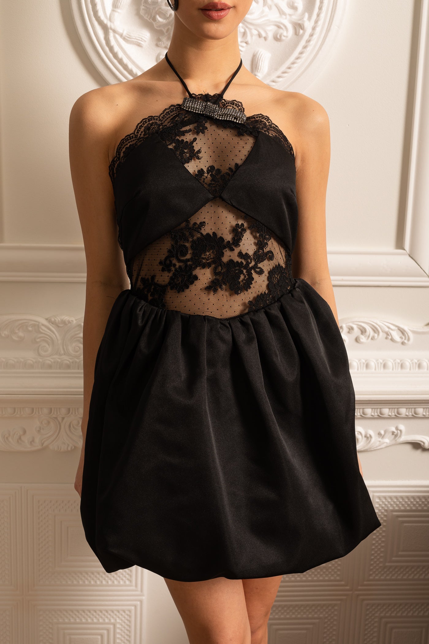 Mini Dress With Ruffled Skirt And Sheer Floral Lace Patterns - Black